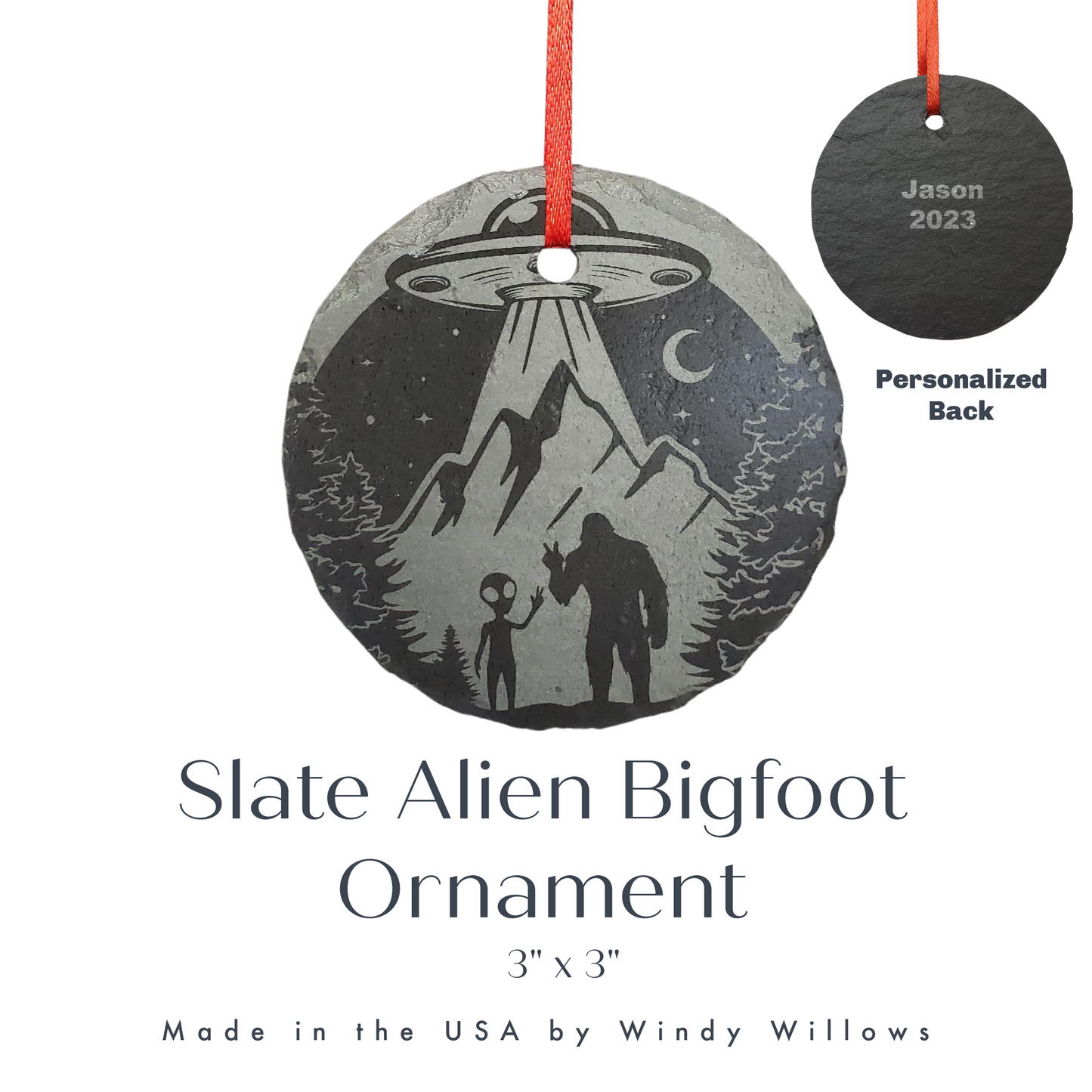 Alien Bigfoot Christmas Ornament | Personalized Rustic Slate 3" Extraterrestrial Spaceship