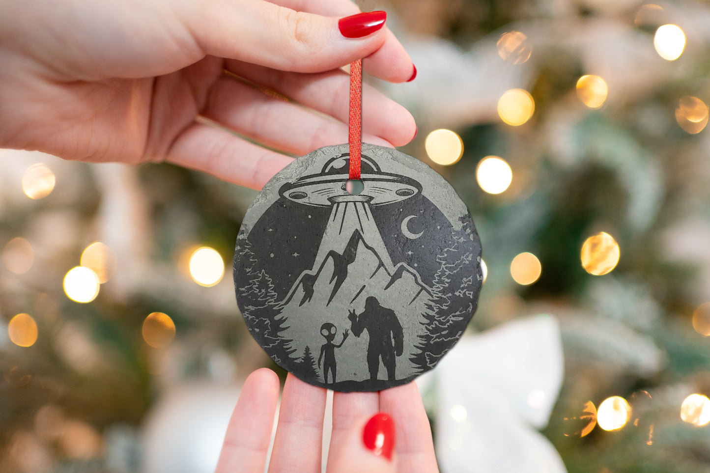 Alien Bigfoot Christmas Ornament | Personalized Rustic Slate 3" Extraterrestrial Spaceship