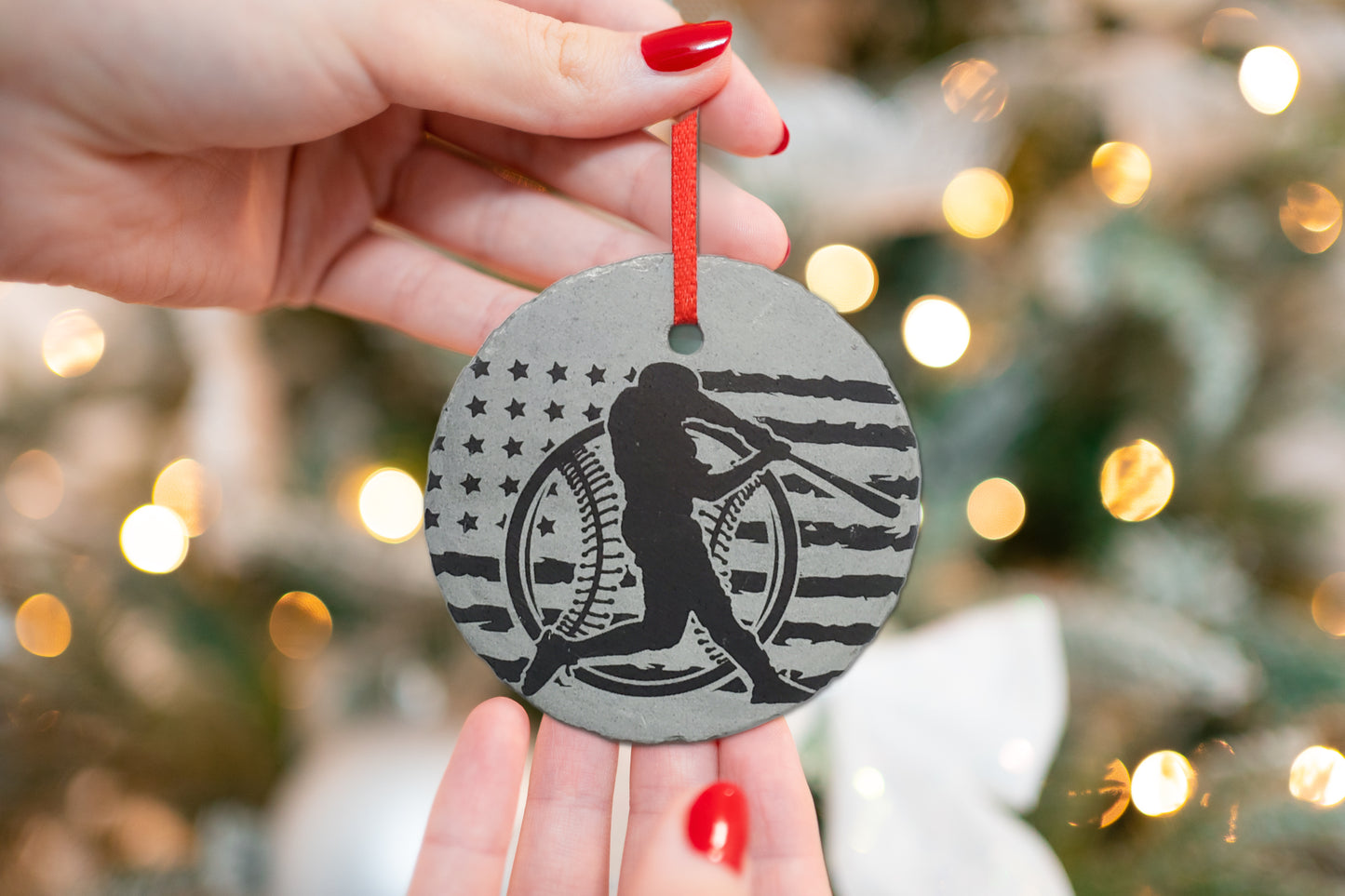 Rustic Slate Baseball Ornament | 3" Personalized Sports Christmas Ornament
