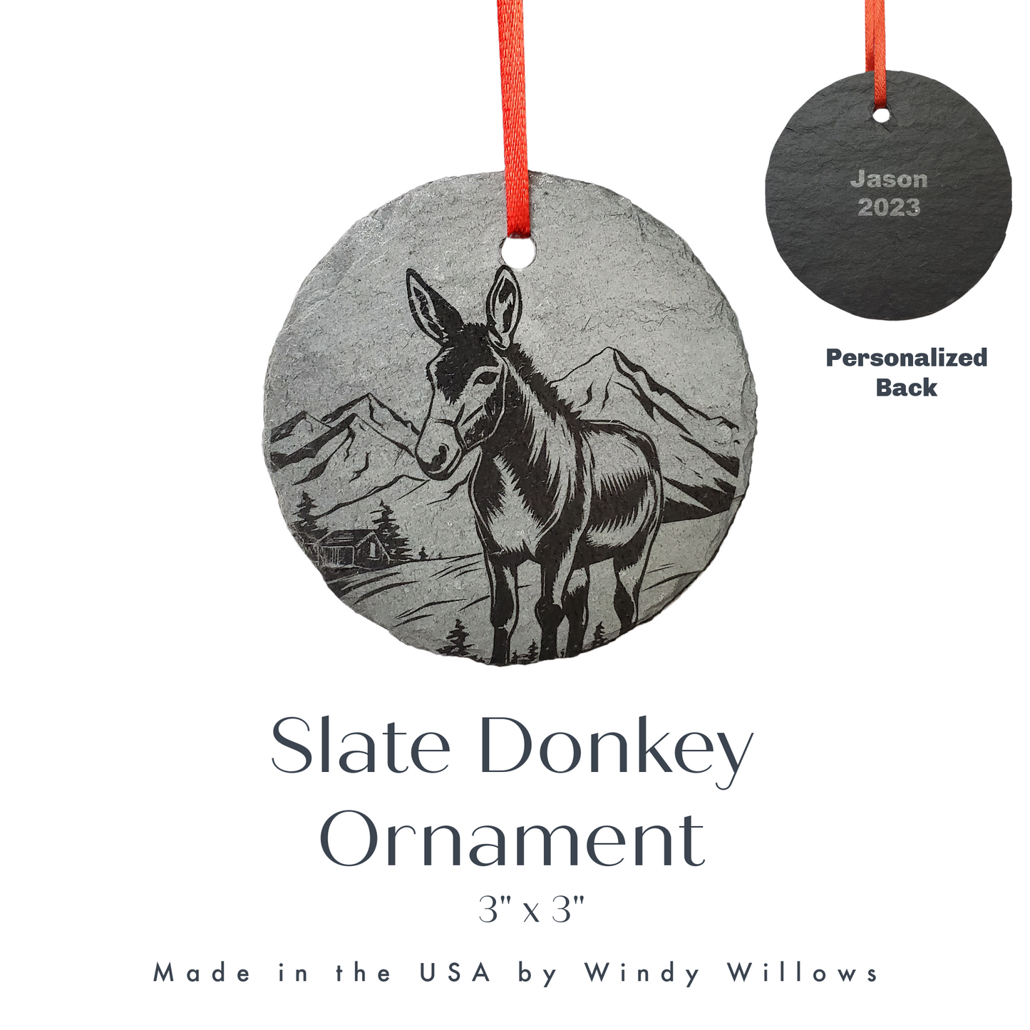 Donkey Ornament | 3" Burro Ornament | Personalized Rustic Christmas Slate Animal Ornament | Custom Mule Decoration Southwestern Desert