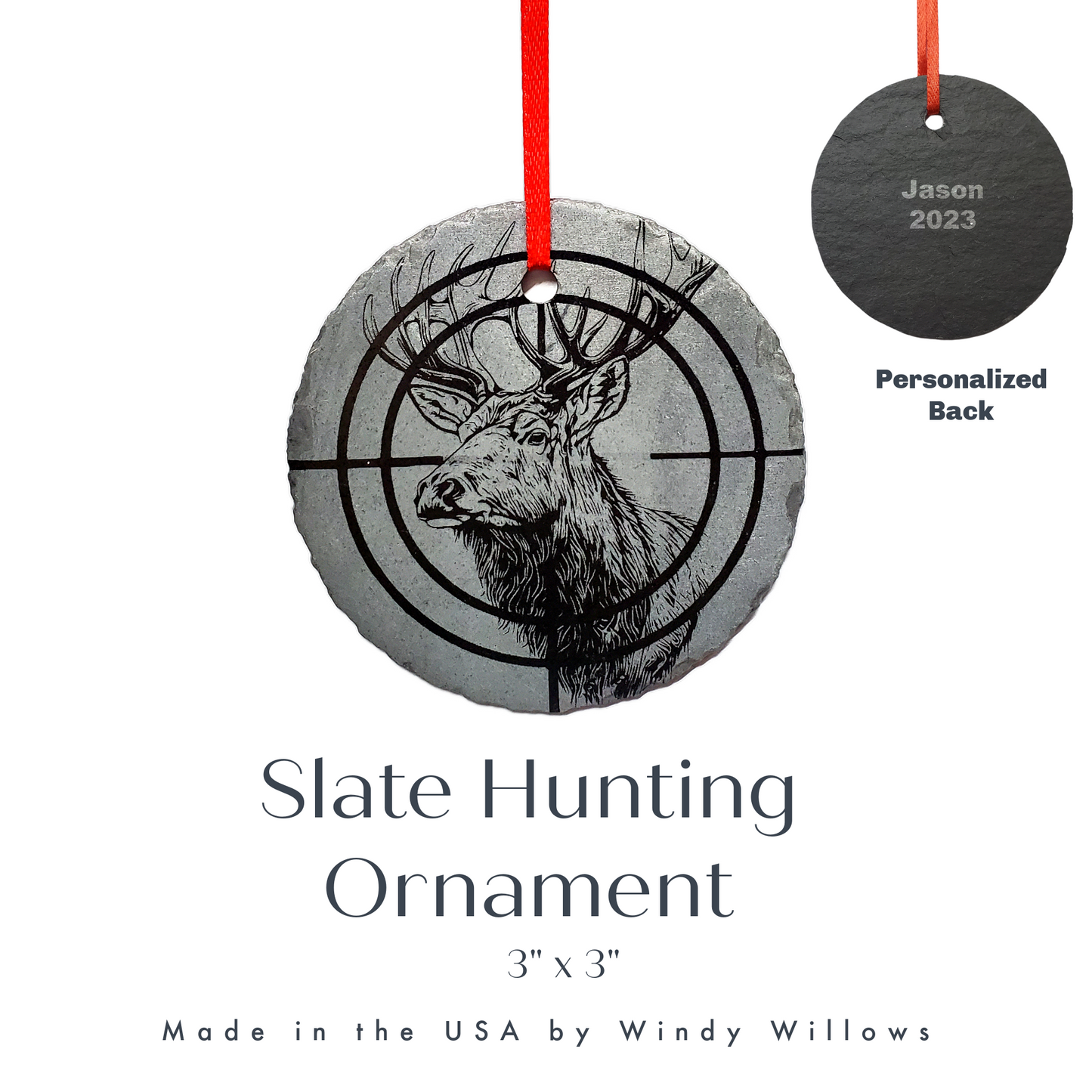 Elk Hunting Ornament | 3" First Elk Sportsman Ornament | Personalized Rustic Christmas Slate | Custom Elk Hunter Crosshairs