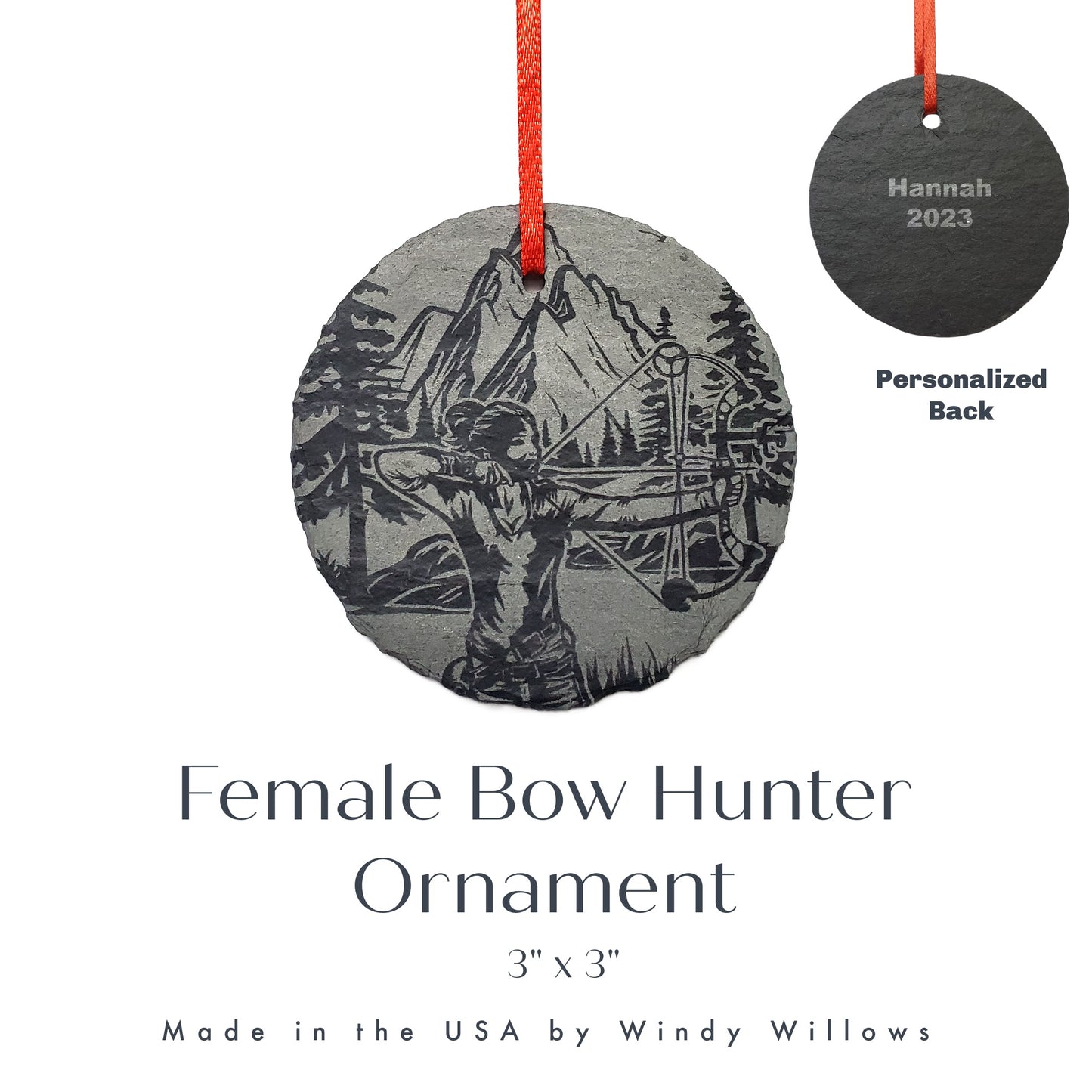 Female Bow Hunting Ornament | Personalized Rustic 3" Woman Archery Sportsman Christmas Ornaments