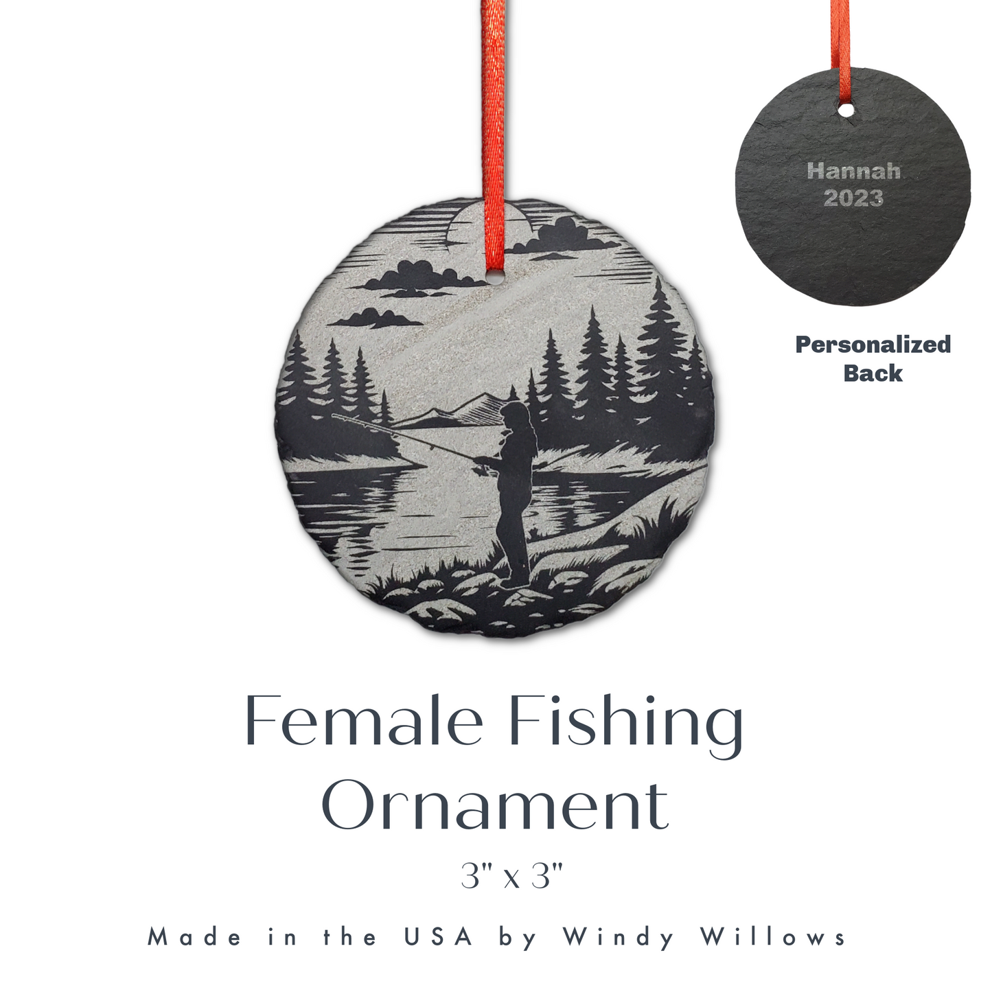 Female Fishing Ornament | 3" Woman Fisherman Adventure Ornament | Personalized Girl Fishing Rustic Christmas Slate Ornament
