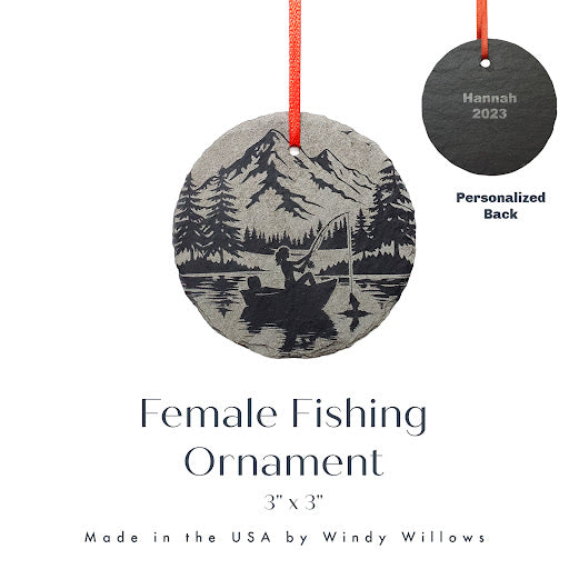 Female Fishing Ornament | 3" Woman Fisherman Adventure Ornament | Personalized Girl Fishing Rustic Christmas Slate Ornament