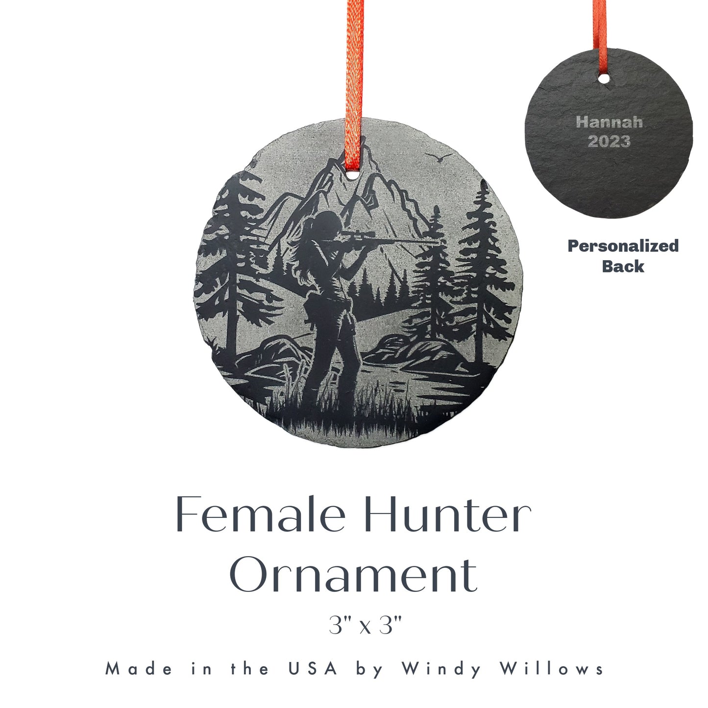 Female Hunting Ornament | 3" Sportswoman Ornaments | Personalized Rustic Christmas Slate | Custom Girl Woman Deer Hunter
