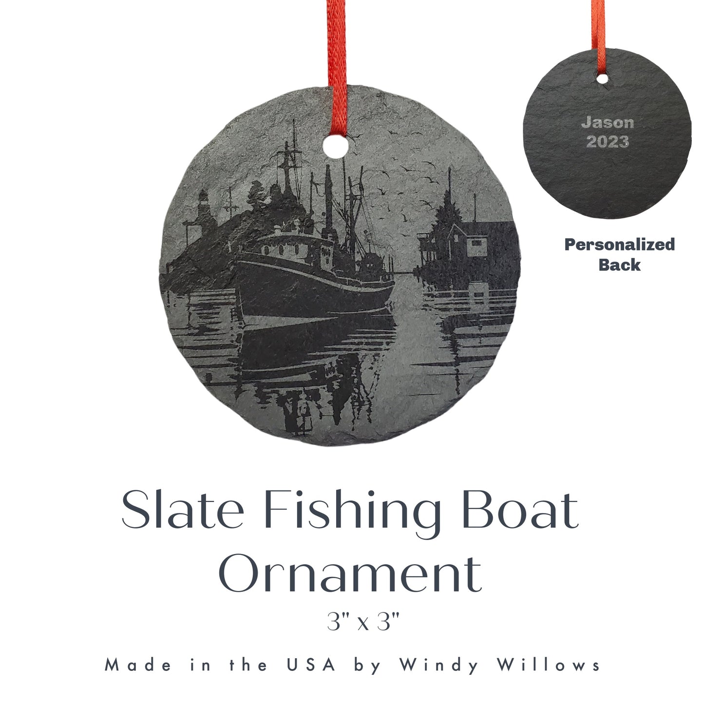 Lobster Fishing Boat Ornament | 3" Maine Nature Ornament | Personalized Rustic Christmas Slate | Custom Lobsterman Fisherman