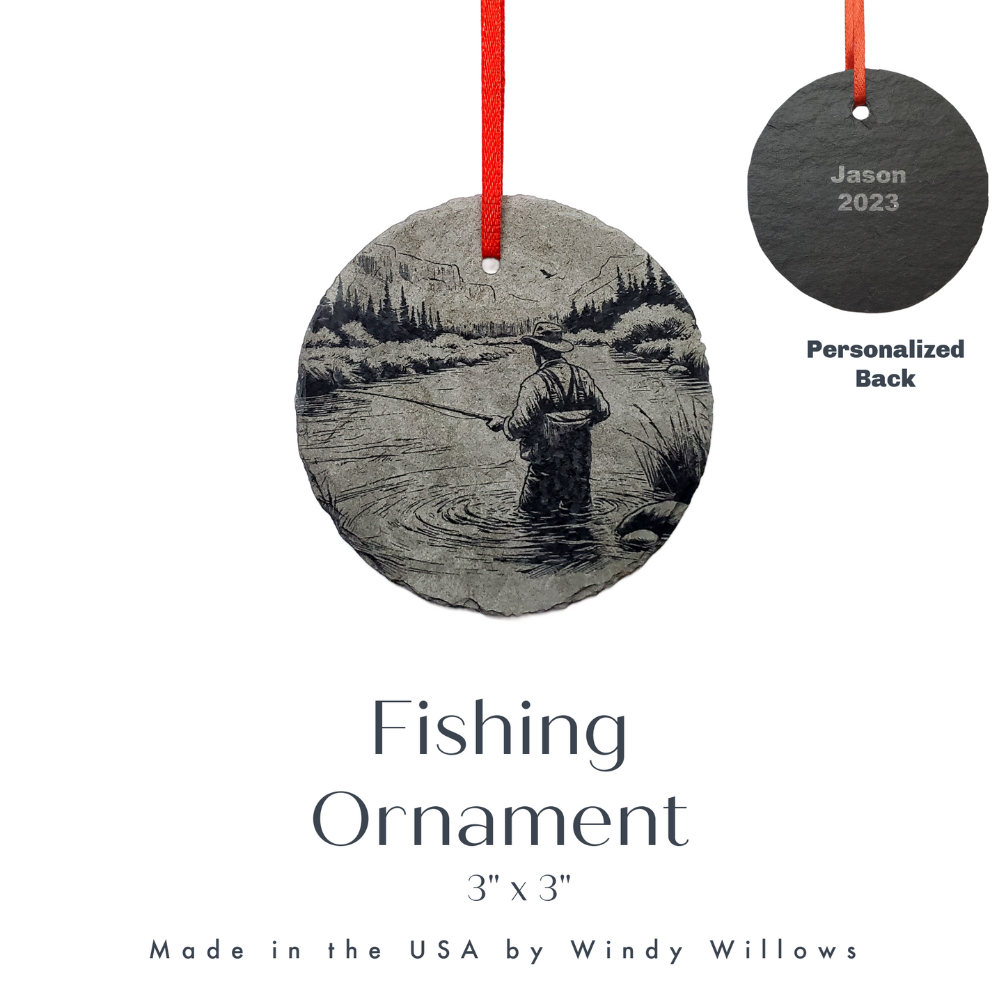 Flyfishing Ornament | 3" Fisherman Adventure Ornament | Personalized Fishing Rustic Christmas Slate Ornament