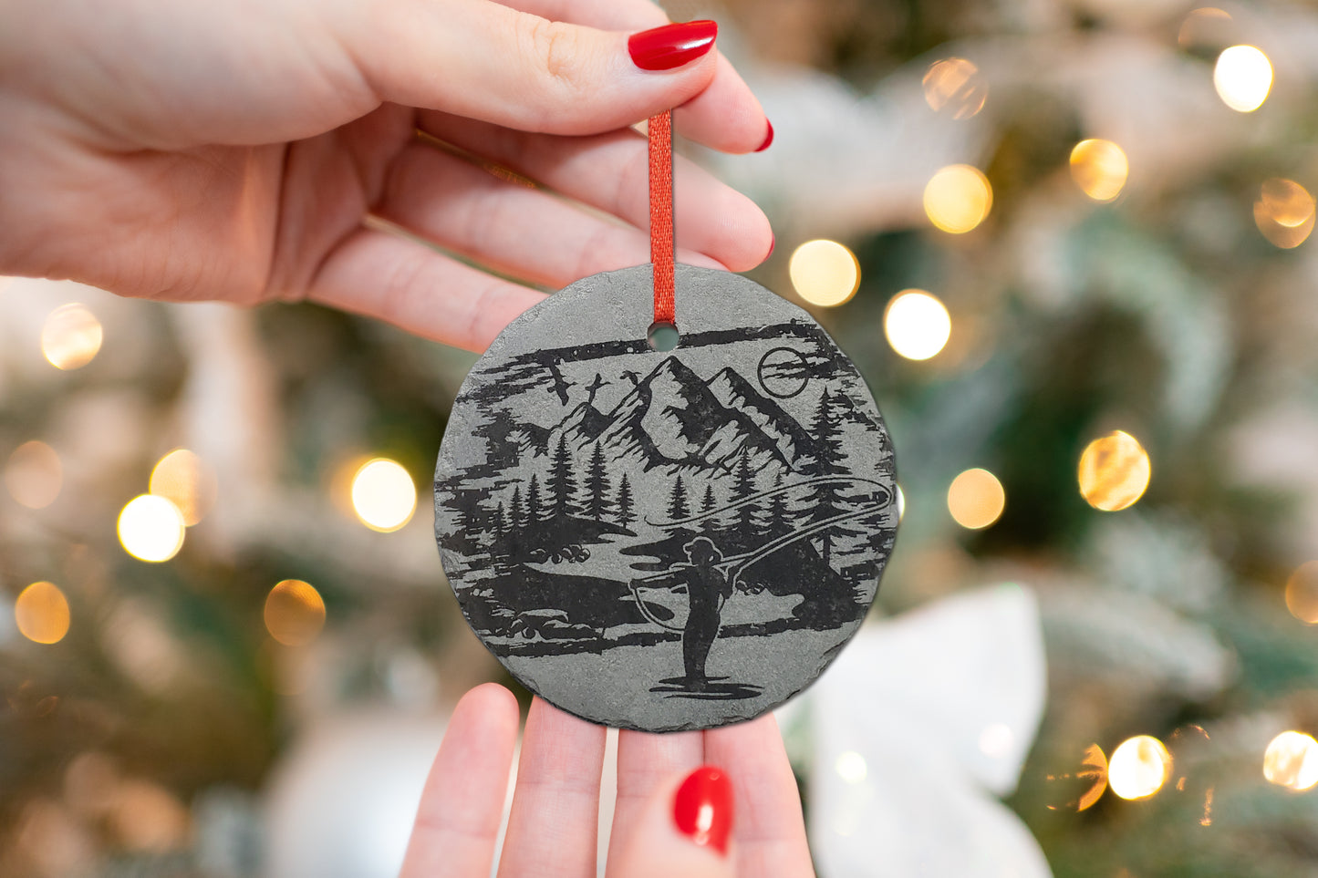 Female Flyfishing Ornament | 3" Woman Fisherman Adventure Ornament | Personalized Girl Fishing Rustic Christmas Slate Ornament
