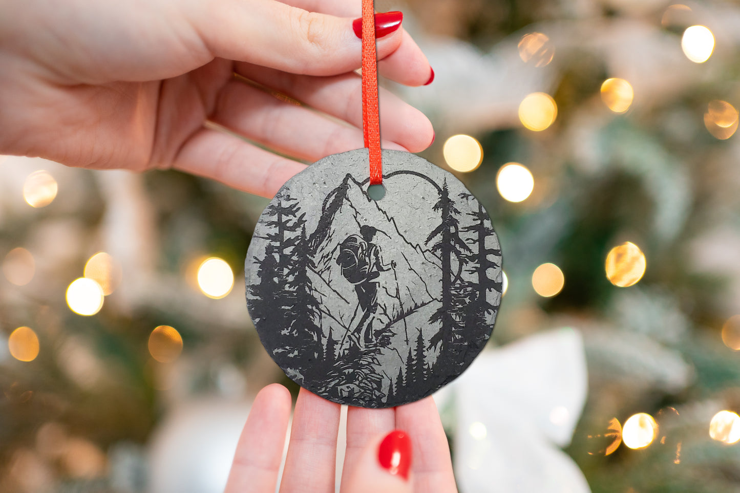 Woman Hiking Ornament | 3" Backpacking Custom Adventure Ornament | Personalized Rustic Christmas Slate Decoration | Custom Nature Lover gift