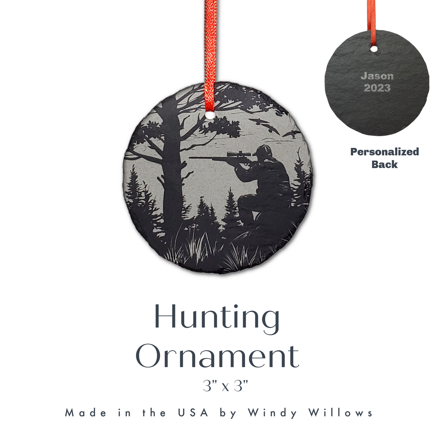 Slate Hunting Ornament | 3" Rifle Sportsman Ornament | Personalized Rustic Christmas | Custom Hunter Decoration