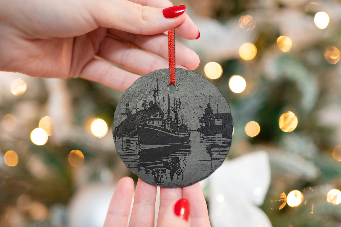 Lobster Fishing Boat Ornament | 3" Maine Nature Ornament | Personalized Rustic Christmas Slate | Custom Lobsterman Fisherman