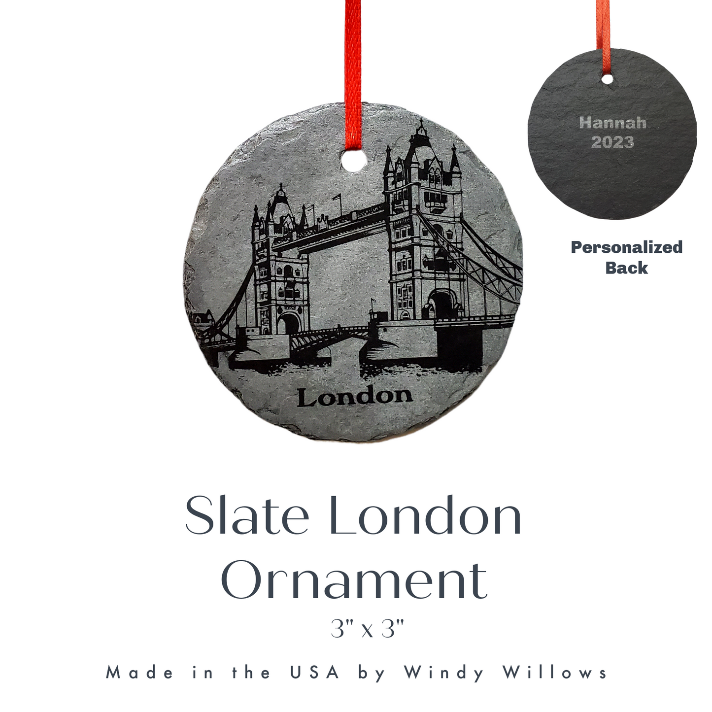 London Bridge Ornament | 3" England Ornament | Personalized Rustic Christmas Slate Decoration | Custom Europe Travel Ornaments