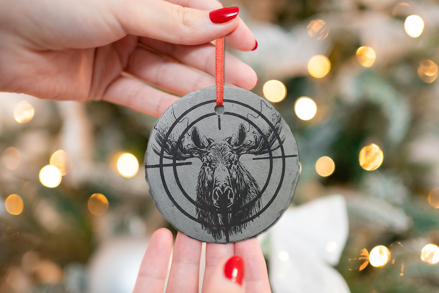 Moose Hunting Ornament | 3" First Moose Sportsman Ornament | Personalized Rustic Christmas Slate | Custom Moose Hunter Crosshairs