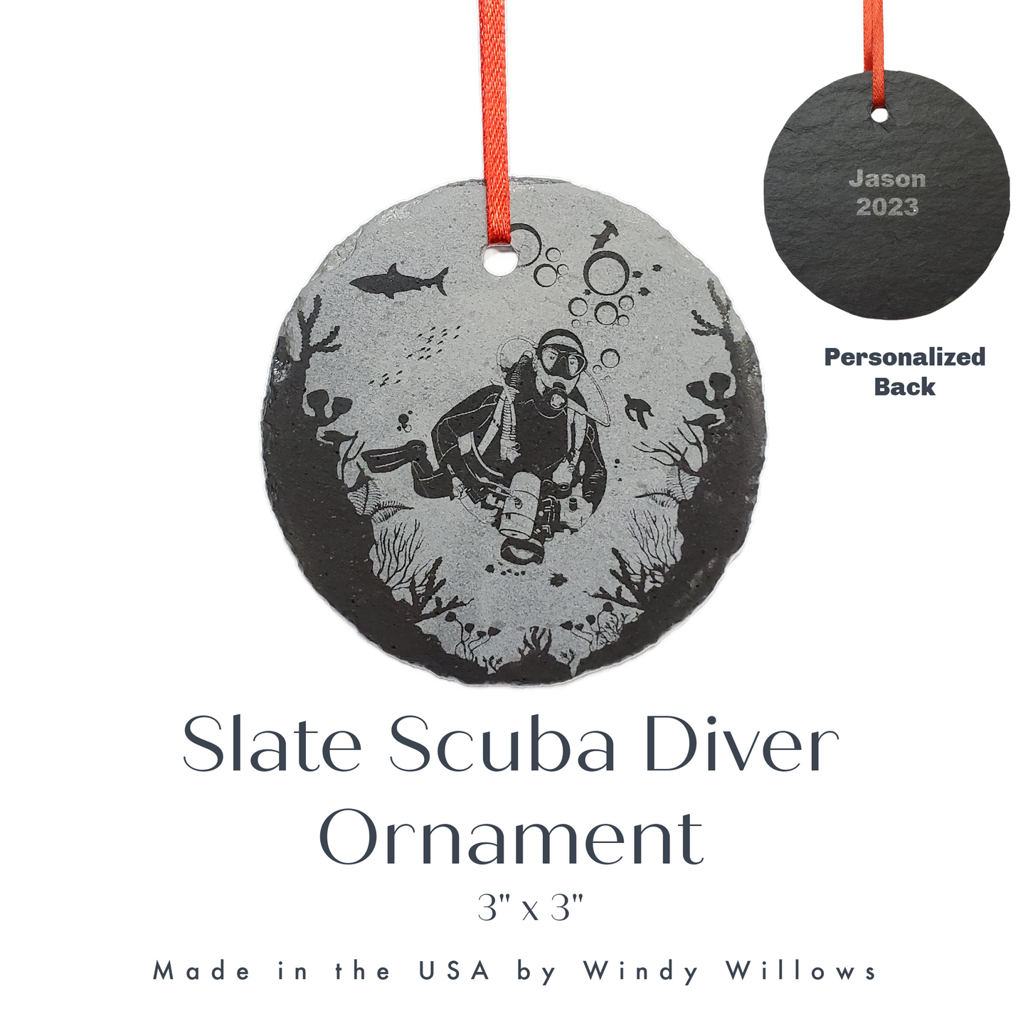 Scuba Diving Ornament | 3" Custom Male Diver Ornament | Personalized Christmas Slate Ornament Divers Gift tag