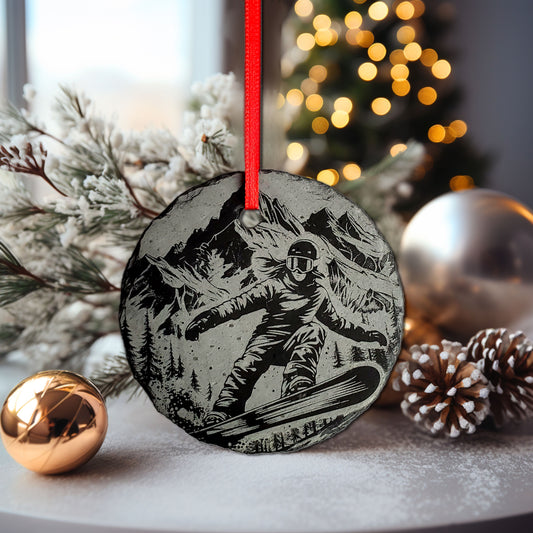 Female Snowboarding Ornament | 3" Snowboard Girl Adventure Ornament | Personalized Rustic Christmas Slate Ornament