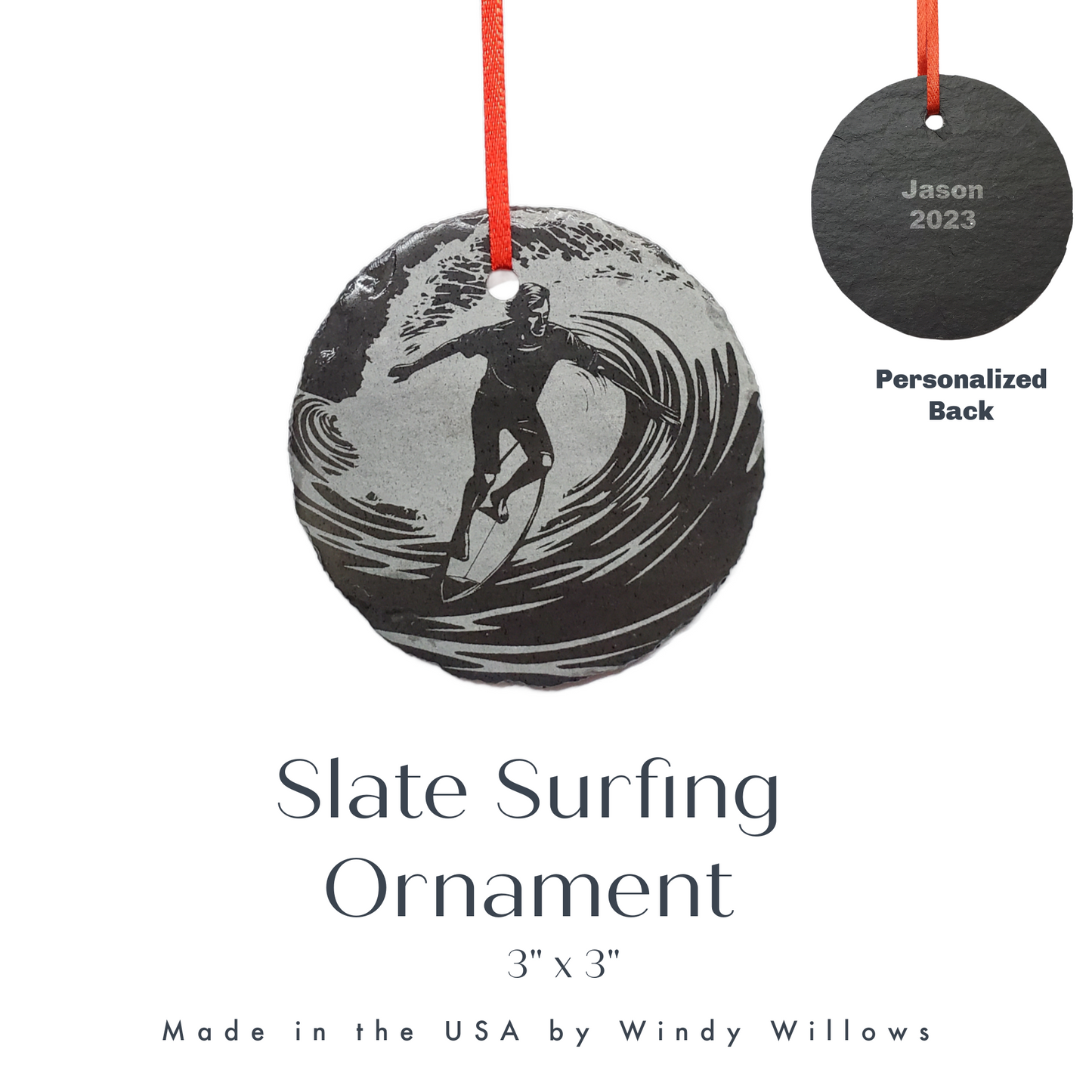 Surfing Ornament | 3" Custom Surfer Ornament | Personalized Christmas Slate Ornament Wave Surf Gift tag