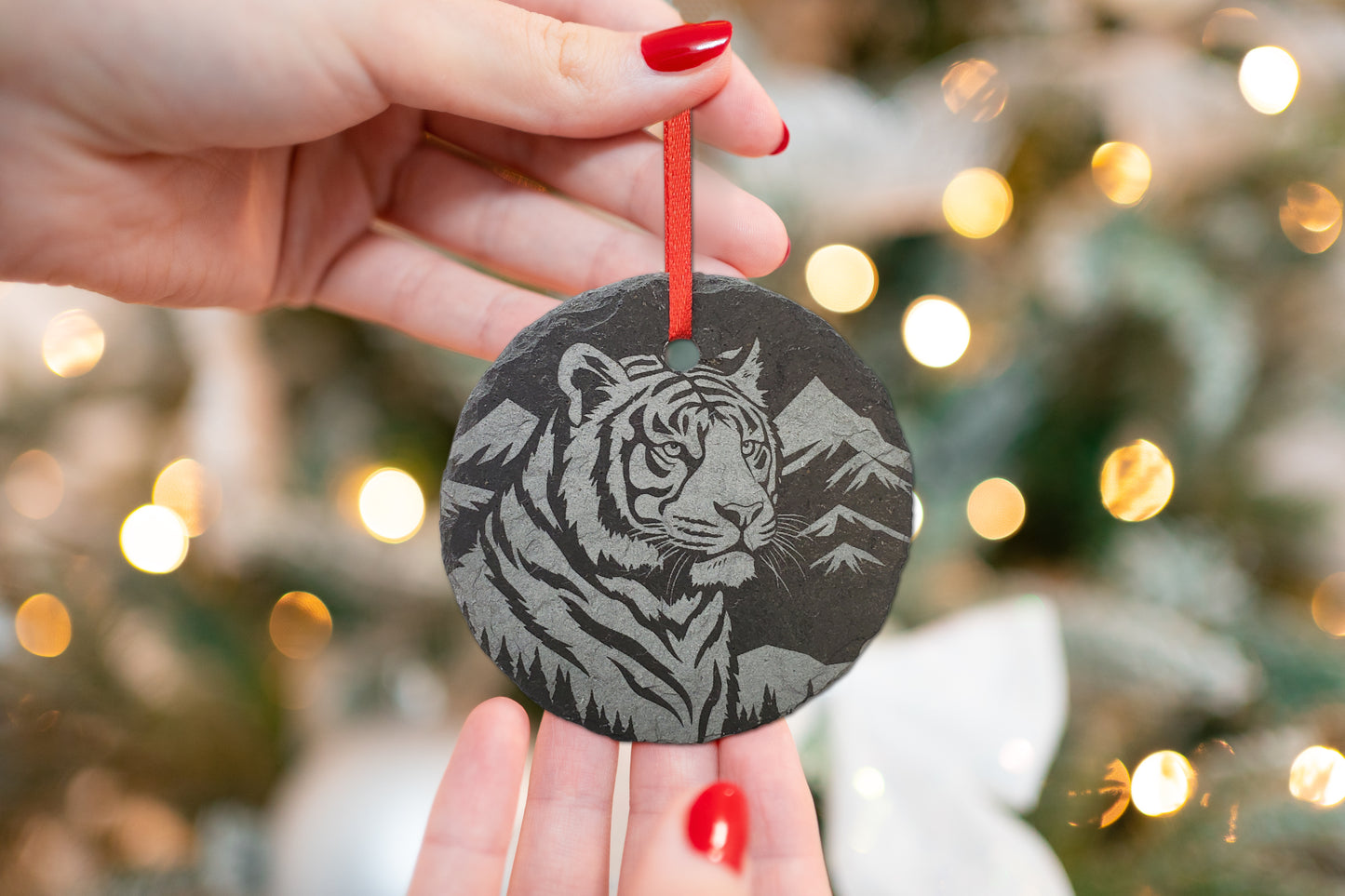 Tiger Ornament | 3" White Siberian Tiger Ornament | Personalized Christmas Slate Wild Animal Ornament | Custom Woodland Nature Decoration