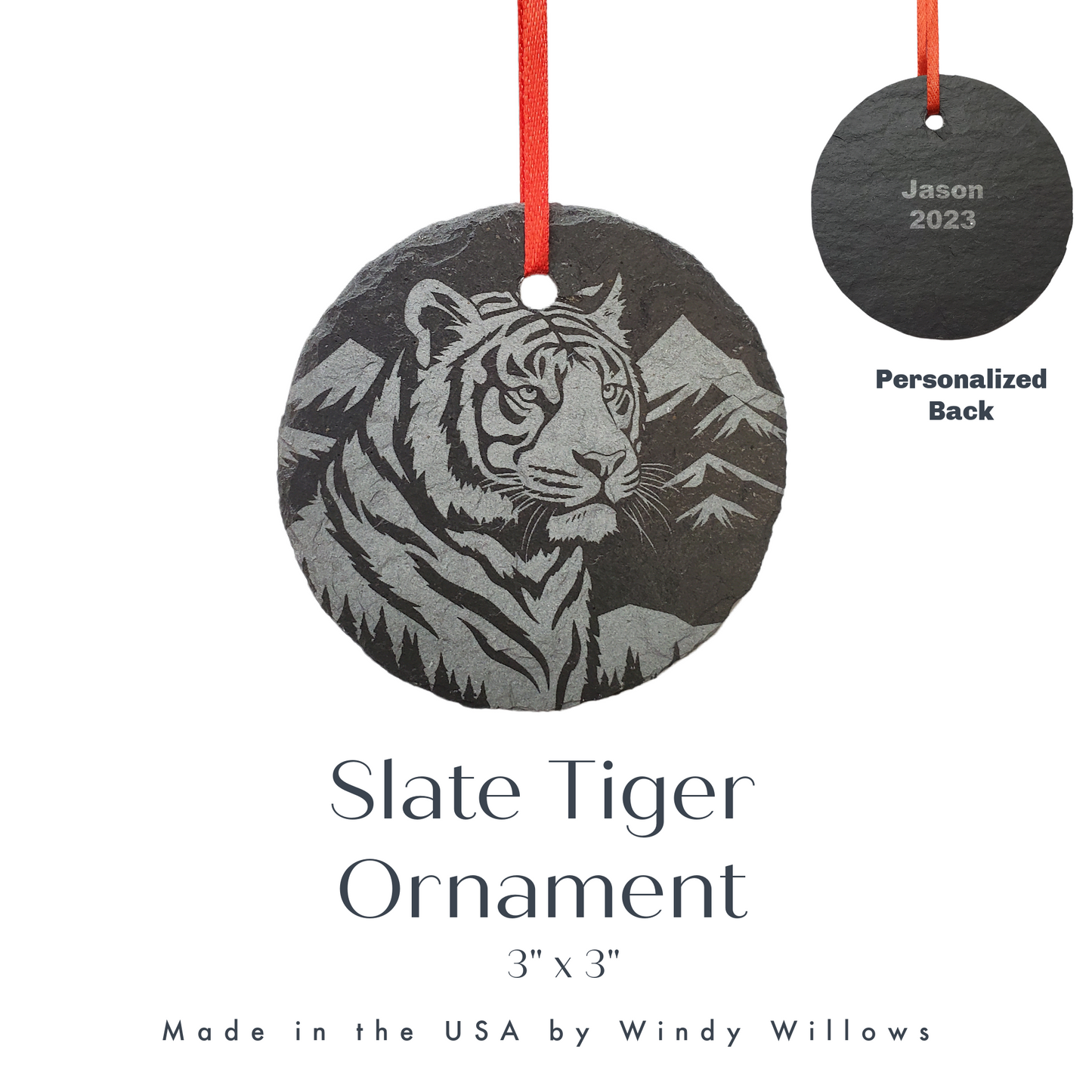 Tiger Ornament | 3" White Siberian Tiger Ornament | Personalized Christmas Slate Wild Animal Ornament | Custom Woodland Nature Decoration