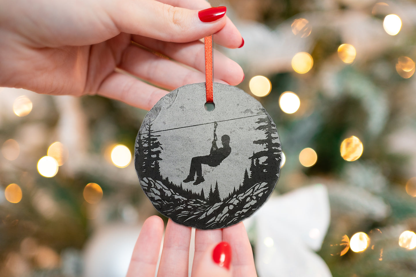 Zipline Ornament | 3" Custom Female Zip Line Ornament | Personalized Christmas Slate Ornament Zip Wire Travel Vacation Ziplining Gift tag