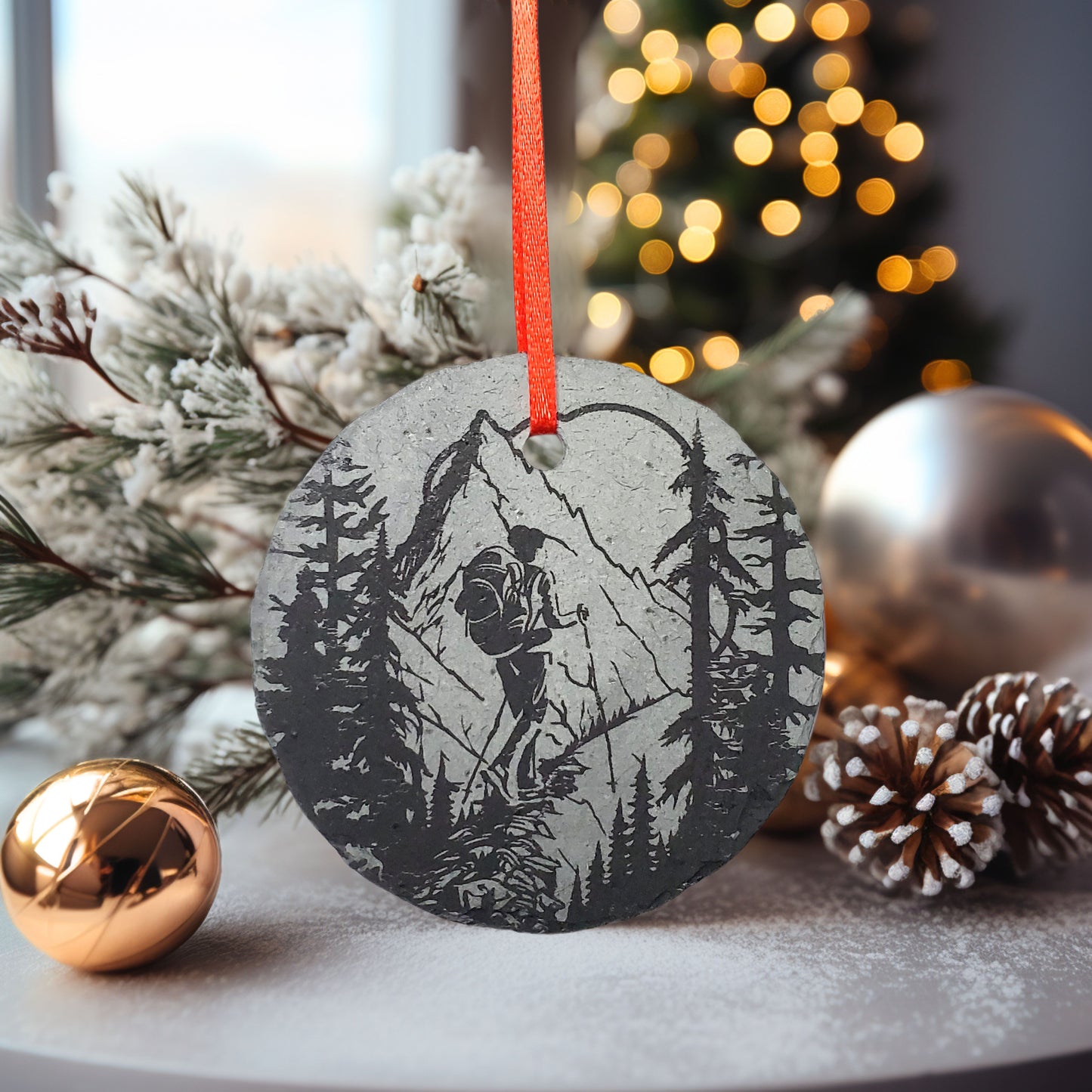 Man Hiking Ornament | 3" Backpacking Custom Adventure Ornament | Personalized Rustic Christmas Slate Decoration | Custom Nature Lover gift