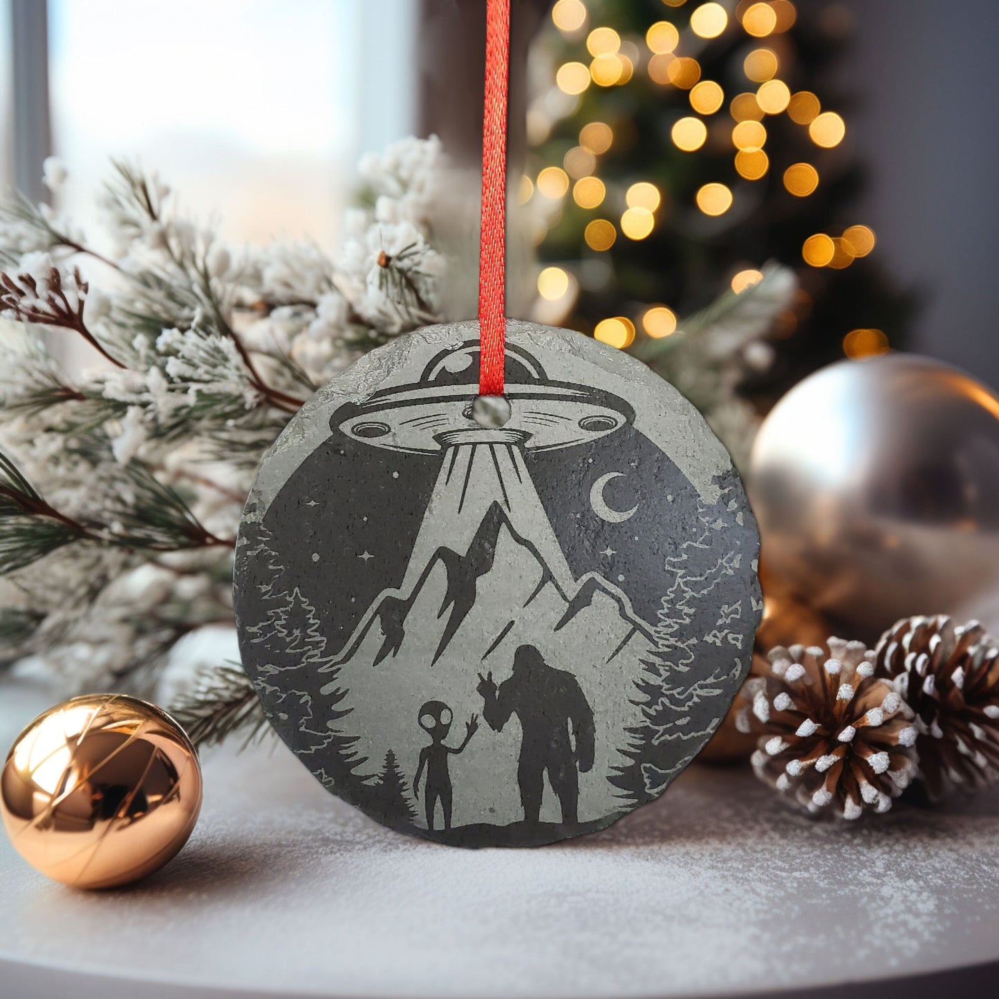 Alien Bigfoot Christmas Ornament | Personalized Rustic Slate 3" Extraterrestrial Spaceship