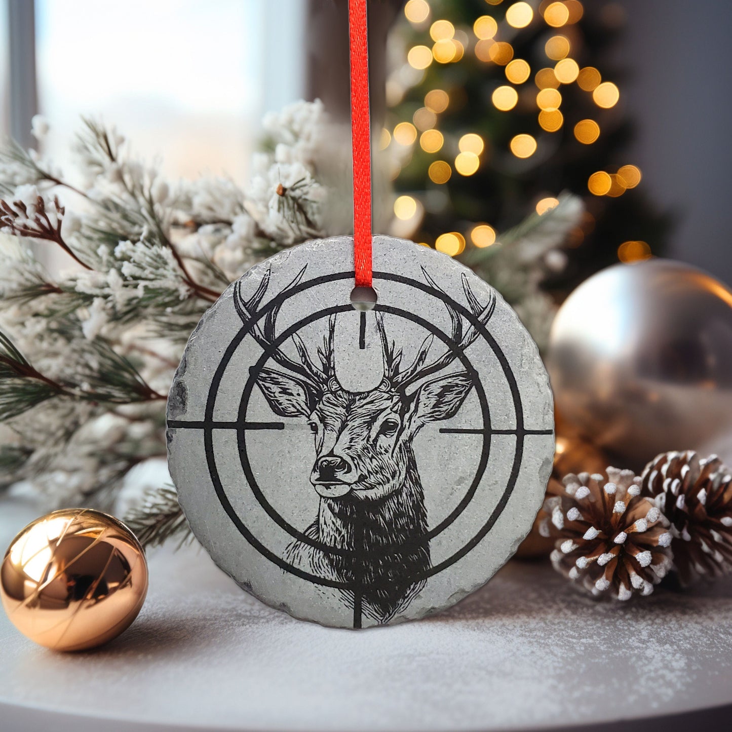 Deer Hunting Ornament | 3" First Buck Sportsman Ornament | Personalized Rustic Christmas Slate | Custom Deer Hunter Crosshairs