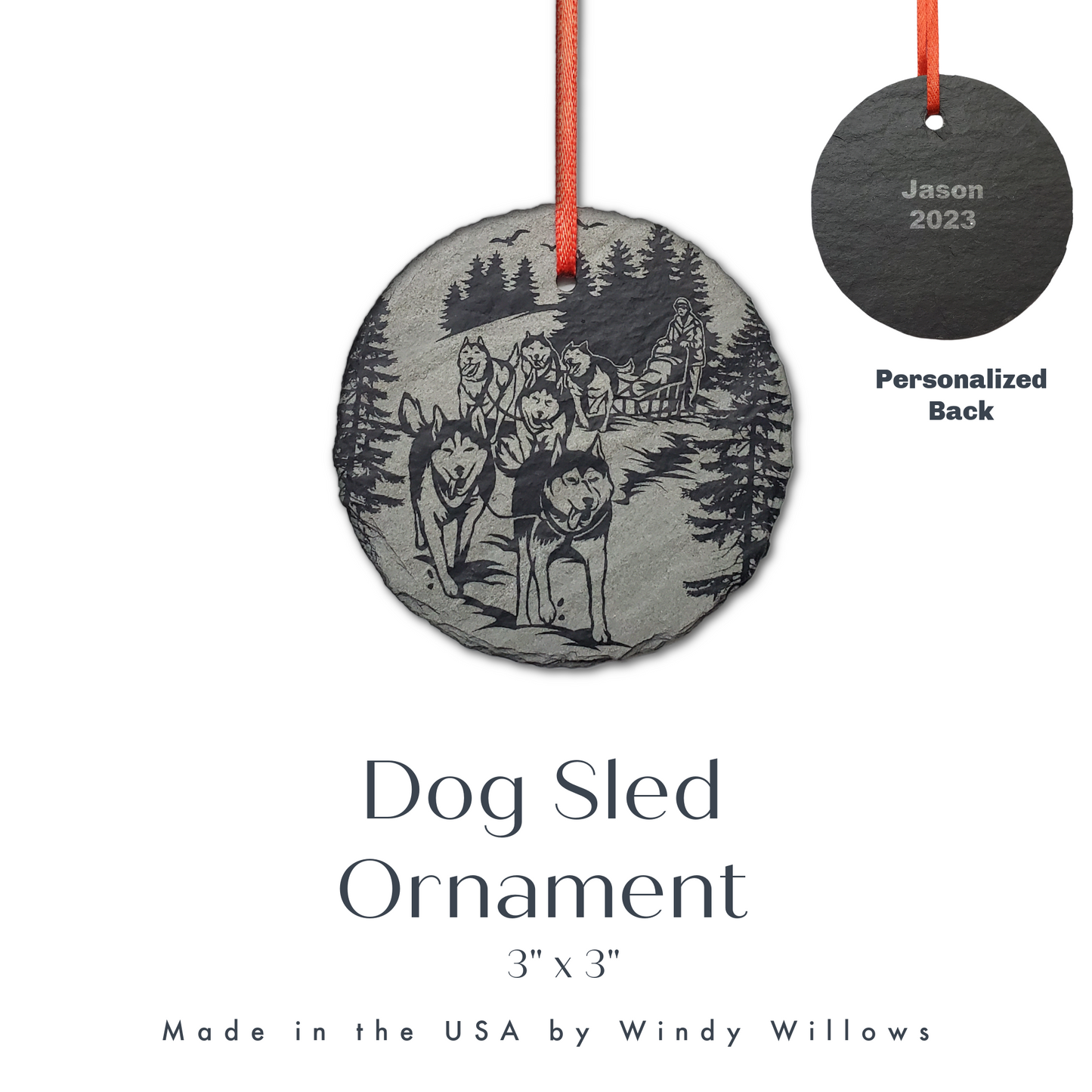 Dog Sledding Ornament | 3" Sled Dog Alaska Winter Sport Ornaments | Personalized Rustic Christmas Slate Decorations