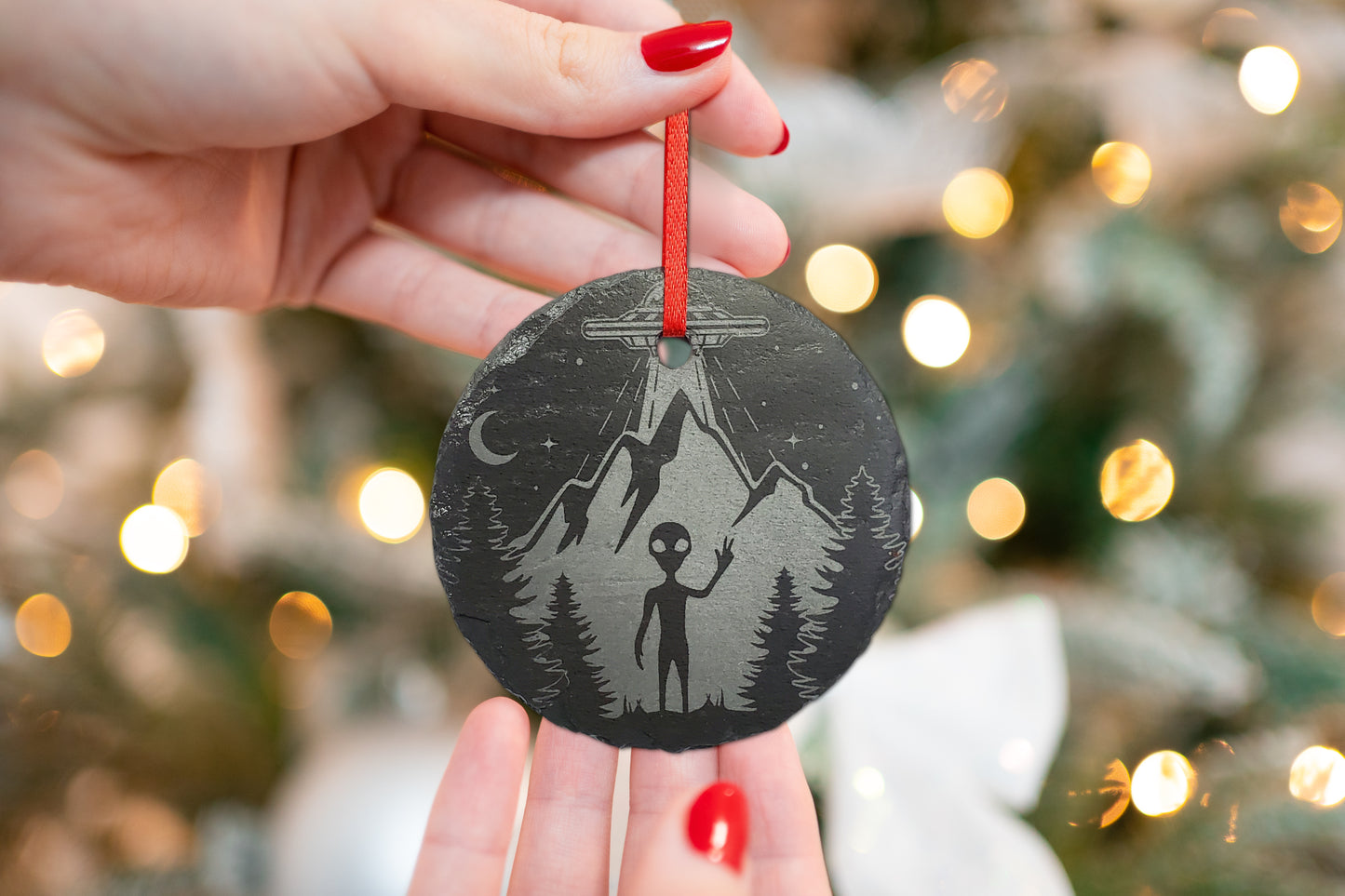 Alien UFO Rustic Slate Christmas Ornament | 3" Extraterrestrial Spaceship Ornament