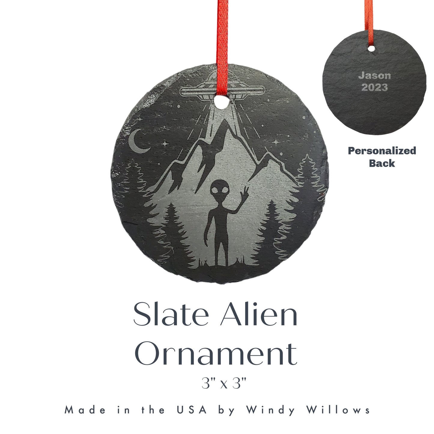 Alien UFO Rustic Slate Christmas Ornament | 3" Extraterrestrial Spaceship Ornament