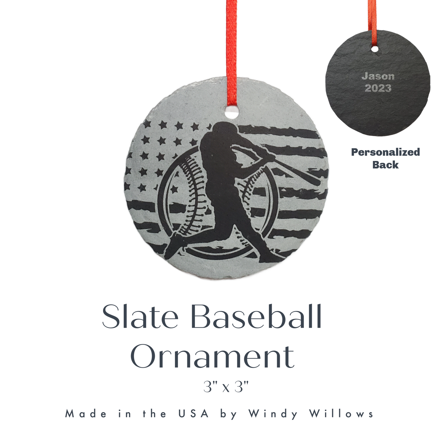 Rustic Slate Baseball Ornament | 3" Personalized Sports Christmas Ornament