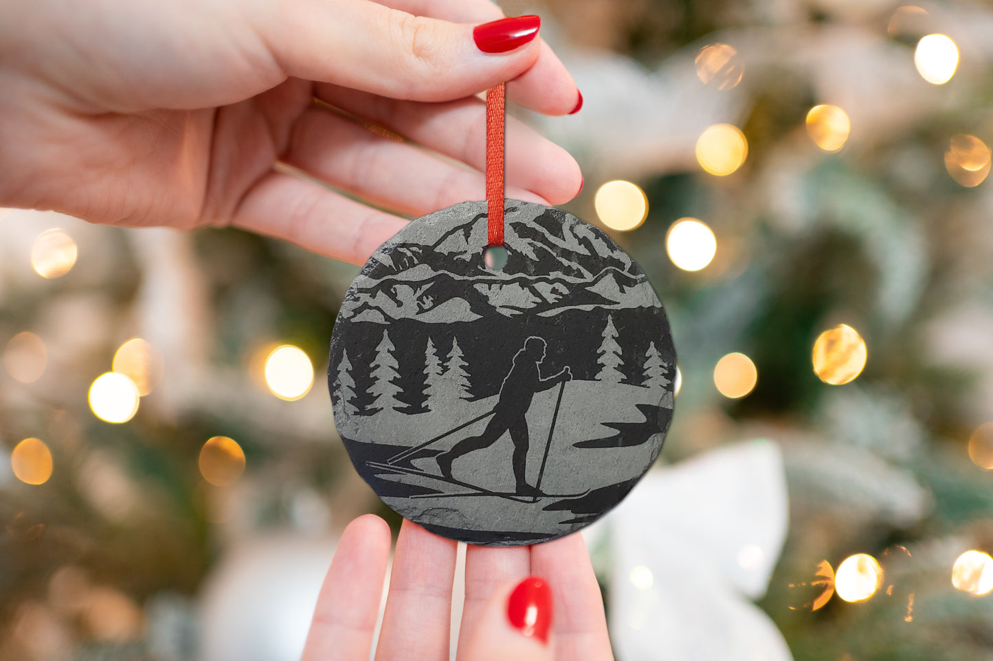 Cross Country Skiing Ornament | 3" Winter Snow Skier Ornament | Personalized Rustic Christmas Slate Decoration Custom Nature Lover gift