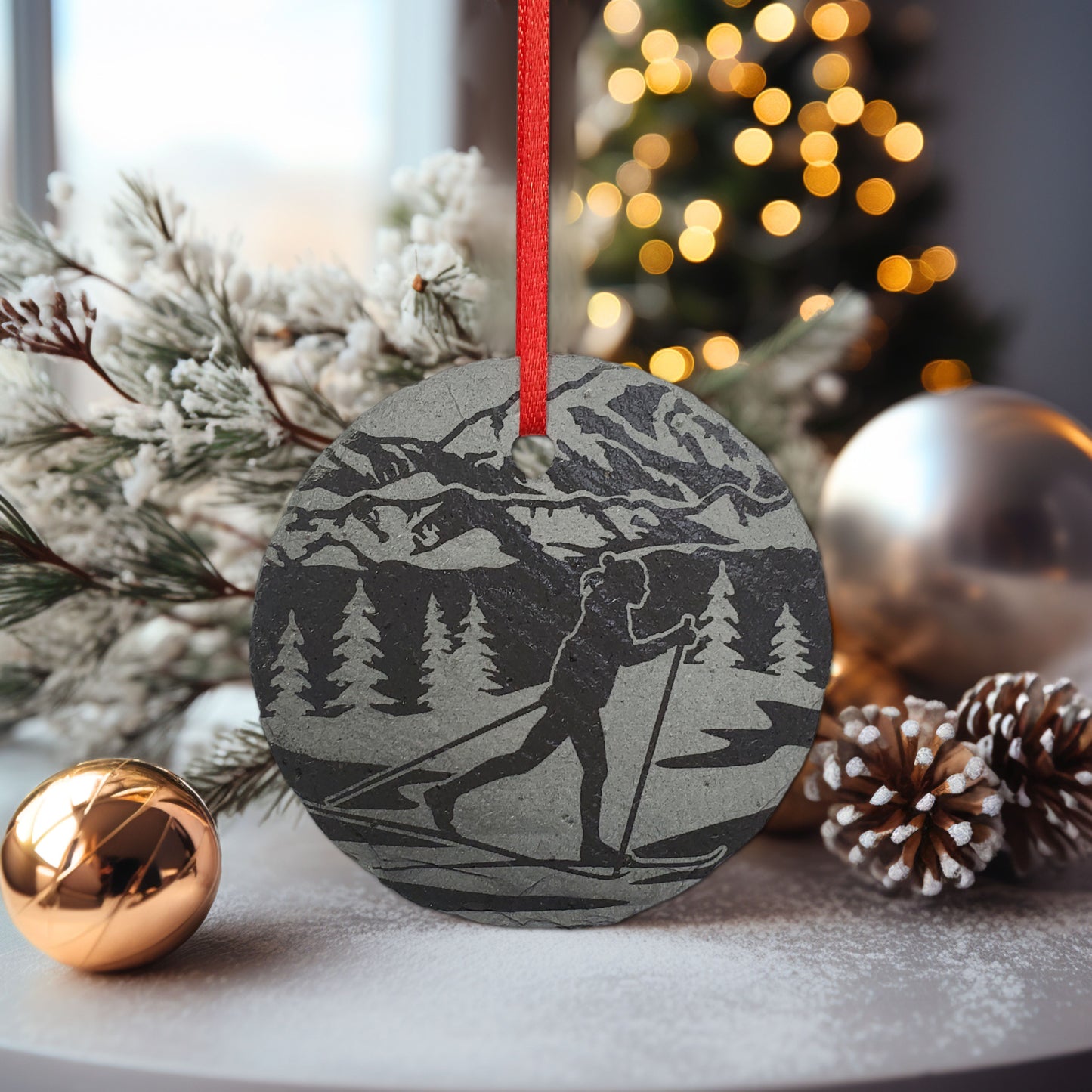 Cross Country Skiing Ornament | 3" Winter Snow Skier Ornament | Personalized Rustic Christmas Slate Decoration Custom Nature Lover gift