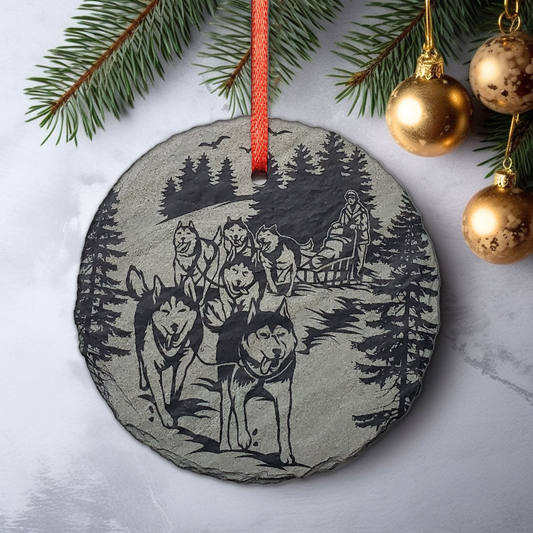 Dog Sledding Ornament | 3" Sled Dog Alaska Winter Sport Ornaments | Personalized Rustic Christmas Slate Decorations