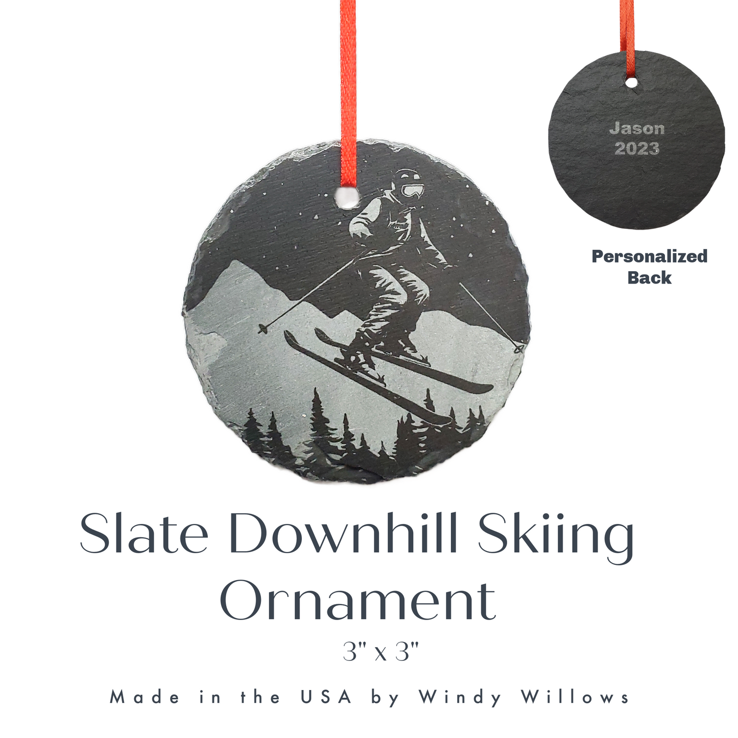 Downhill Skiing Ornament | 3" Winter Snow Skier Ornament | Personalized Rustic Christmas Slate Ski Decoration Custom Nature Lover gift