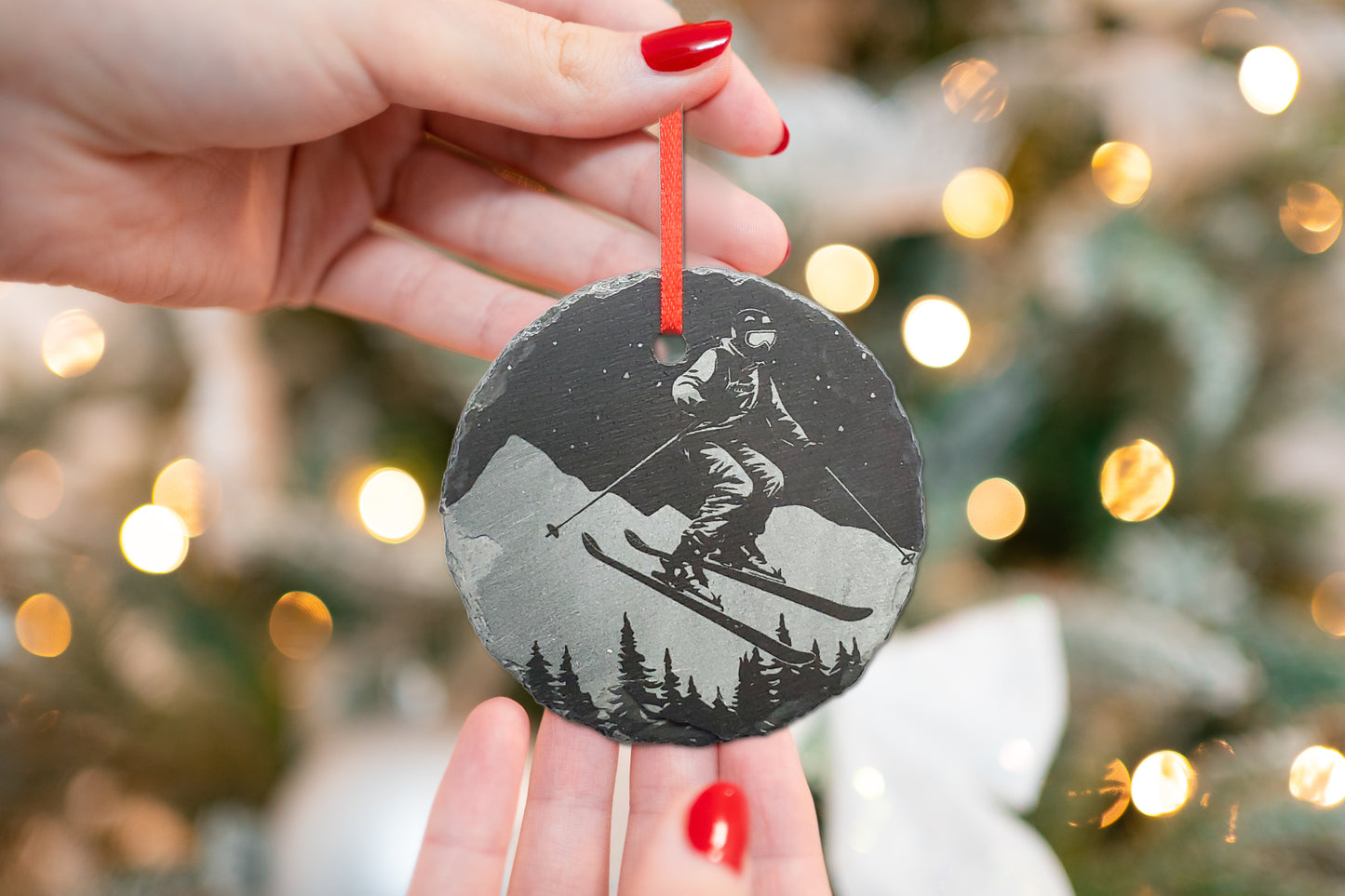 Downhill Skiing Ornament | 3" Winter Snow Skier Ornament | Personalized Rustic Christmas Slate Ski Decoration Custom Nature Lover gift