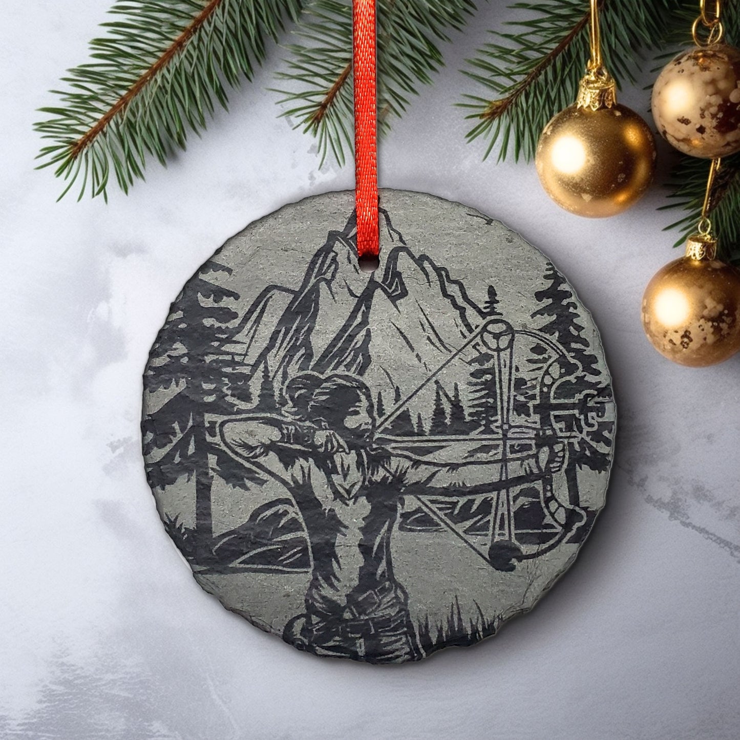 Female Bow Hunting Ornament | Personalized Rustic 3" Woman Archery Sportsman Christmas Ornaments