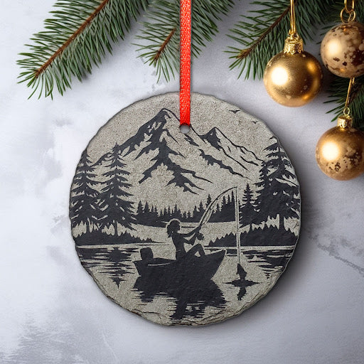 Female Fishing Ornament | 3" Woman Fisherman Adventure Ornament | Personalized Girl Fishing Rustic Christmas Slate Ornament