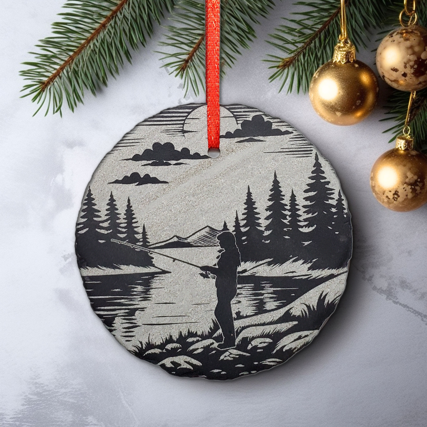 Female Fishing Ornament | 3" Woman Fisherman Adventure Ornament | Personalized Girl Fishing Rustic Christmas Slate Ornament