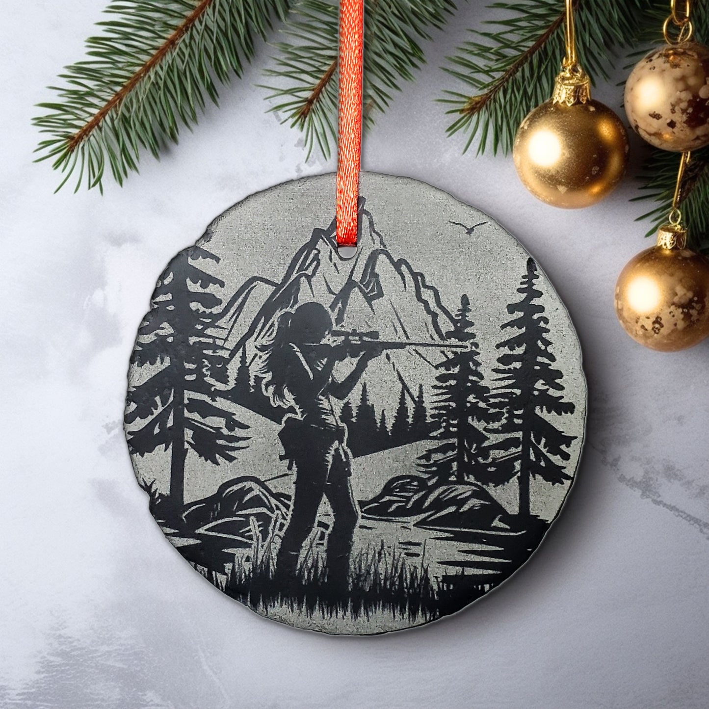 Female Hunting Ornament | 3" Sportswoman Ornaments | Personalized Rustic Christmas Slate | Custom Girl Woman Deer Hunter