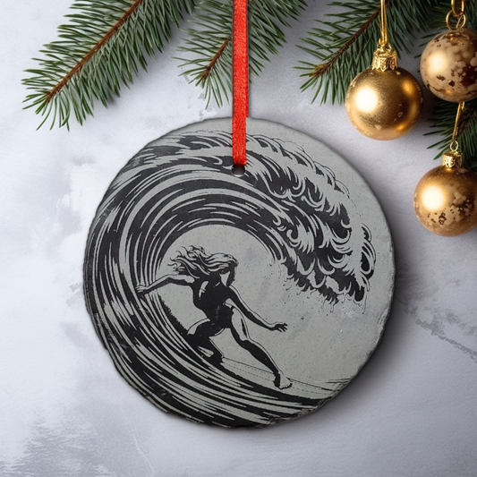 Female Surfing Ornament | 3" Custom Woman Surfer Ornament | Personalized Christmas Slate Ornament  Wave Surf Gift tag