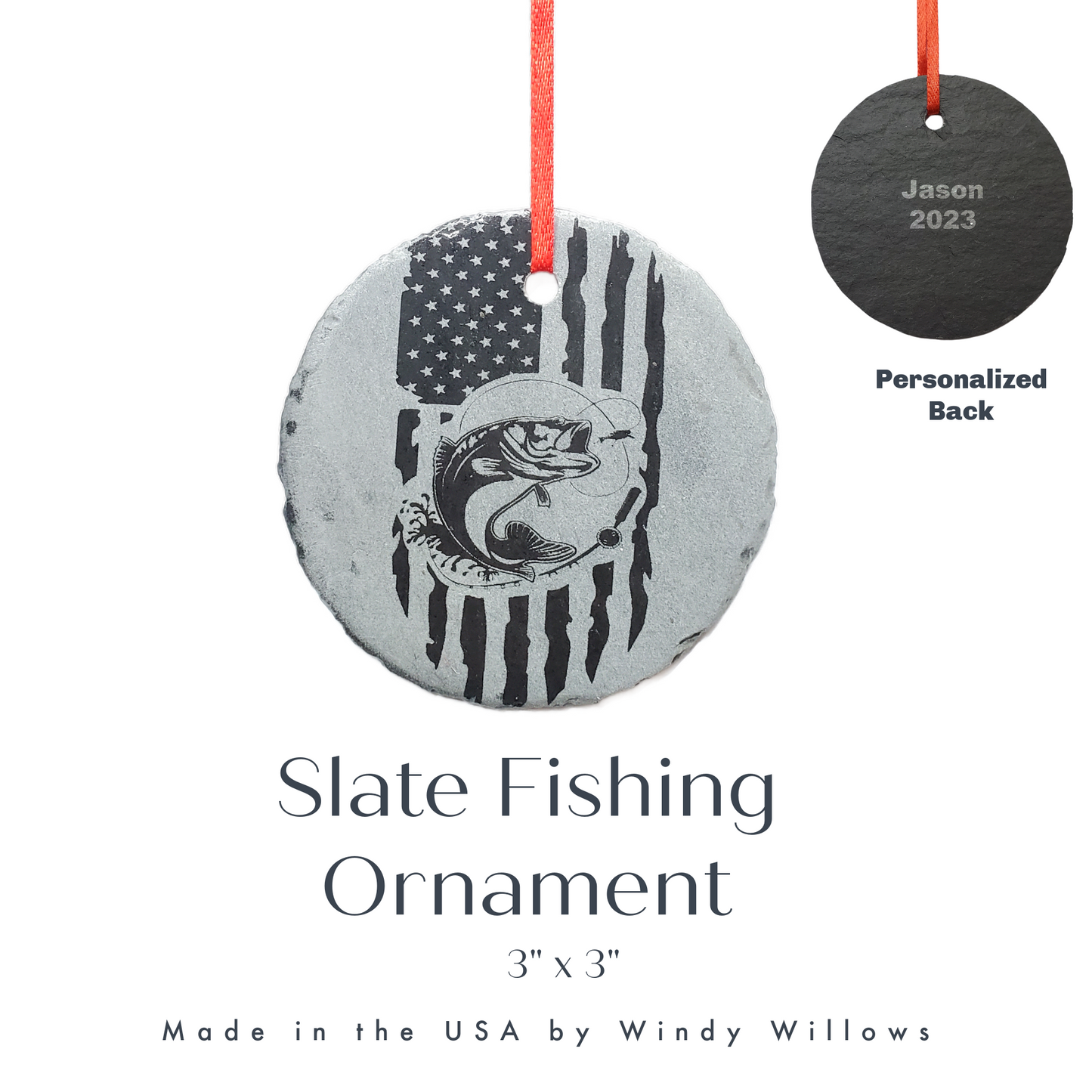 Fishing Ornament | 3" Outdoorsman Adventure Ornament | Personalized Bass Fishing Rustic Christmas Slate Ornament