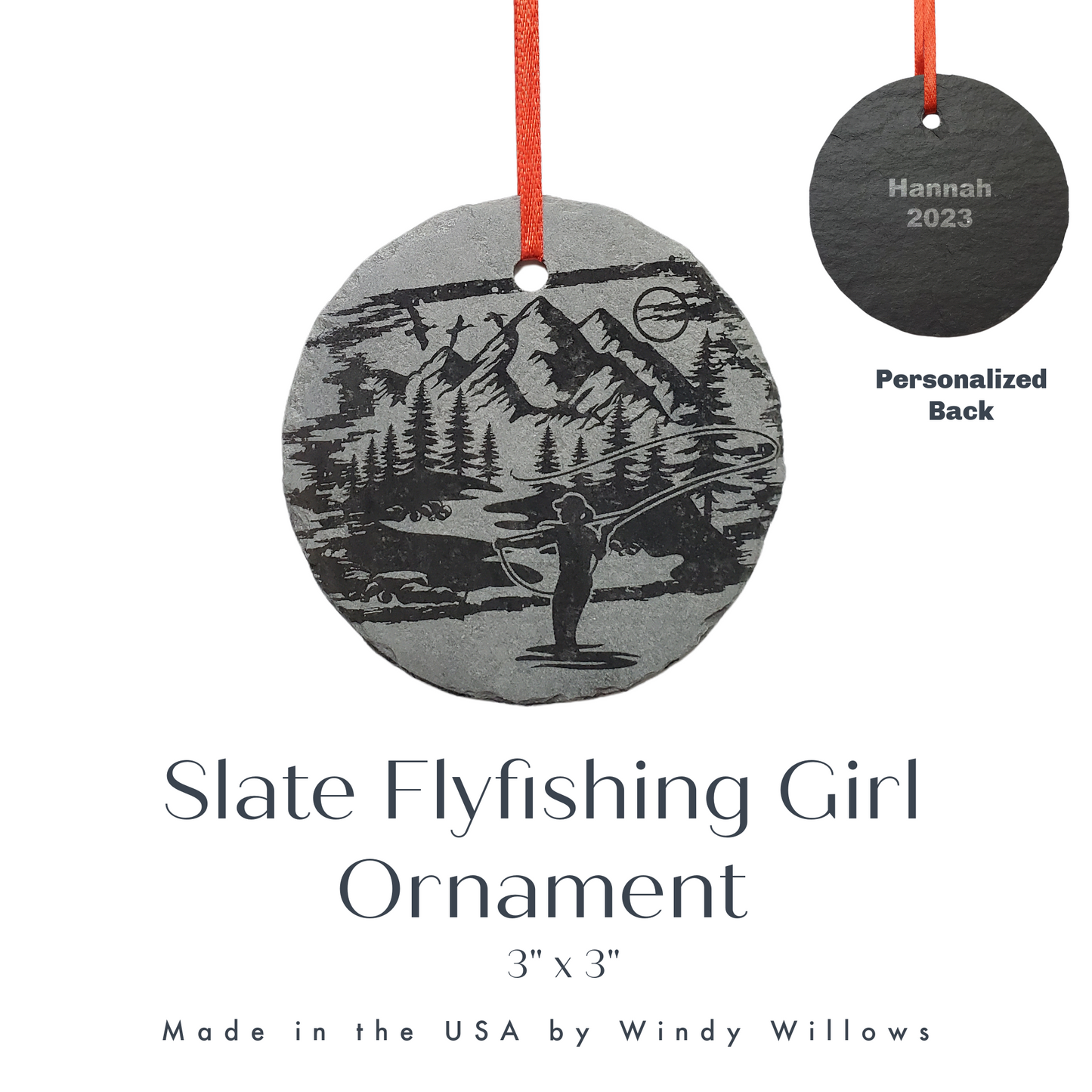 Female Flyfishing Ornament | 3" Woman Fisherman Adventure Ornament | Personalized Girl Fishing Rustic Christmas Slate Ornament