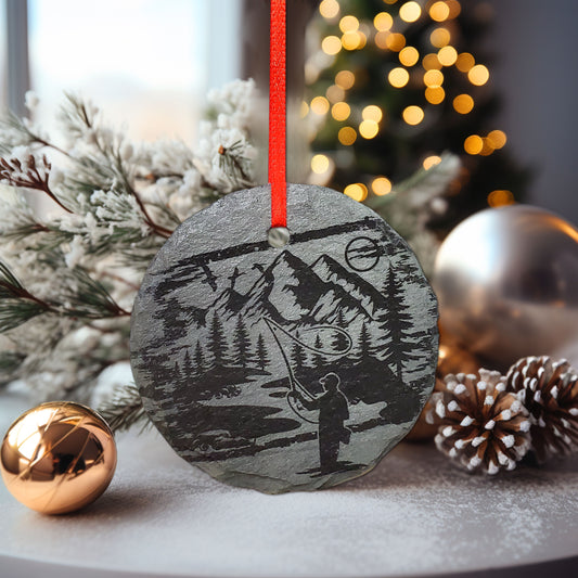 Flyfishing Ornament | 3" Fisherman Adventure Ornament | Personalized  Fishing Rustic Christmas Slate Ornament