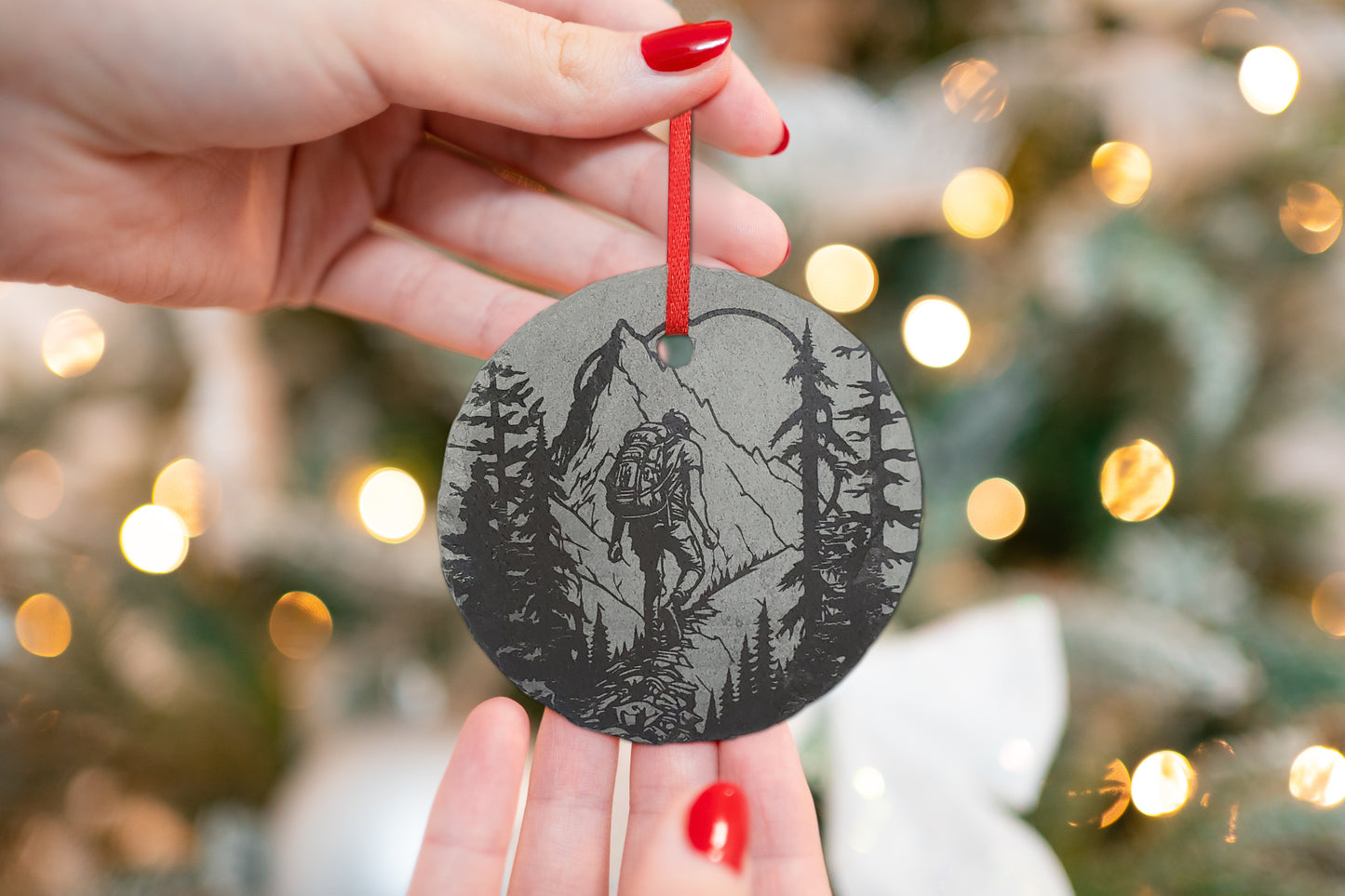 Man Hiking Ornament | 3" Backpacking Custom Adventure Ornament | Personalized Rustic Christmas Slate Decoration | Custom Nature Lover gift