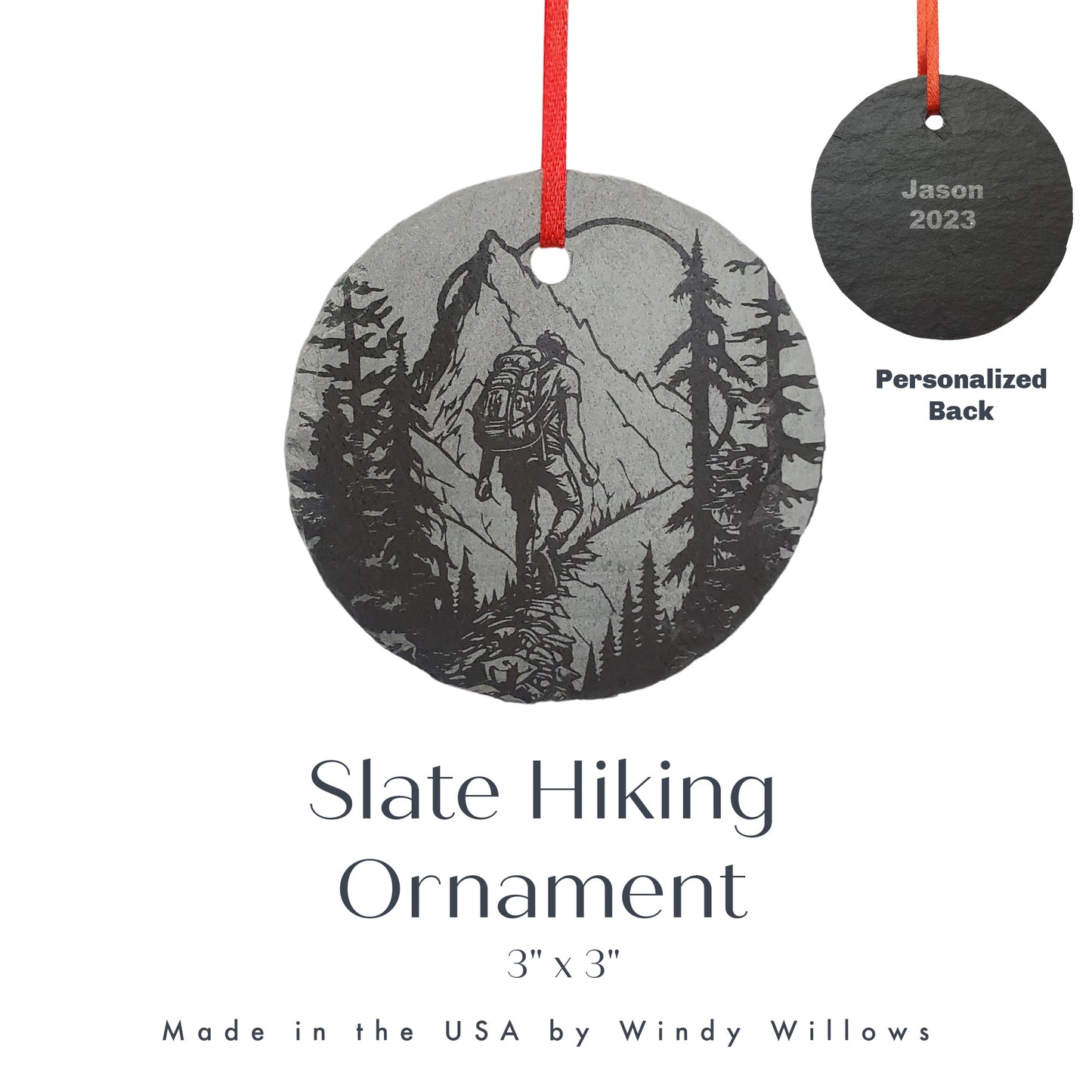Man Hiking Ornament | 3" Backpacking Custom Adventure Ornament | Personalized Rustic Christmas Slate Decoration | Custom Nature Lover gift