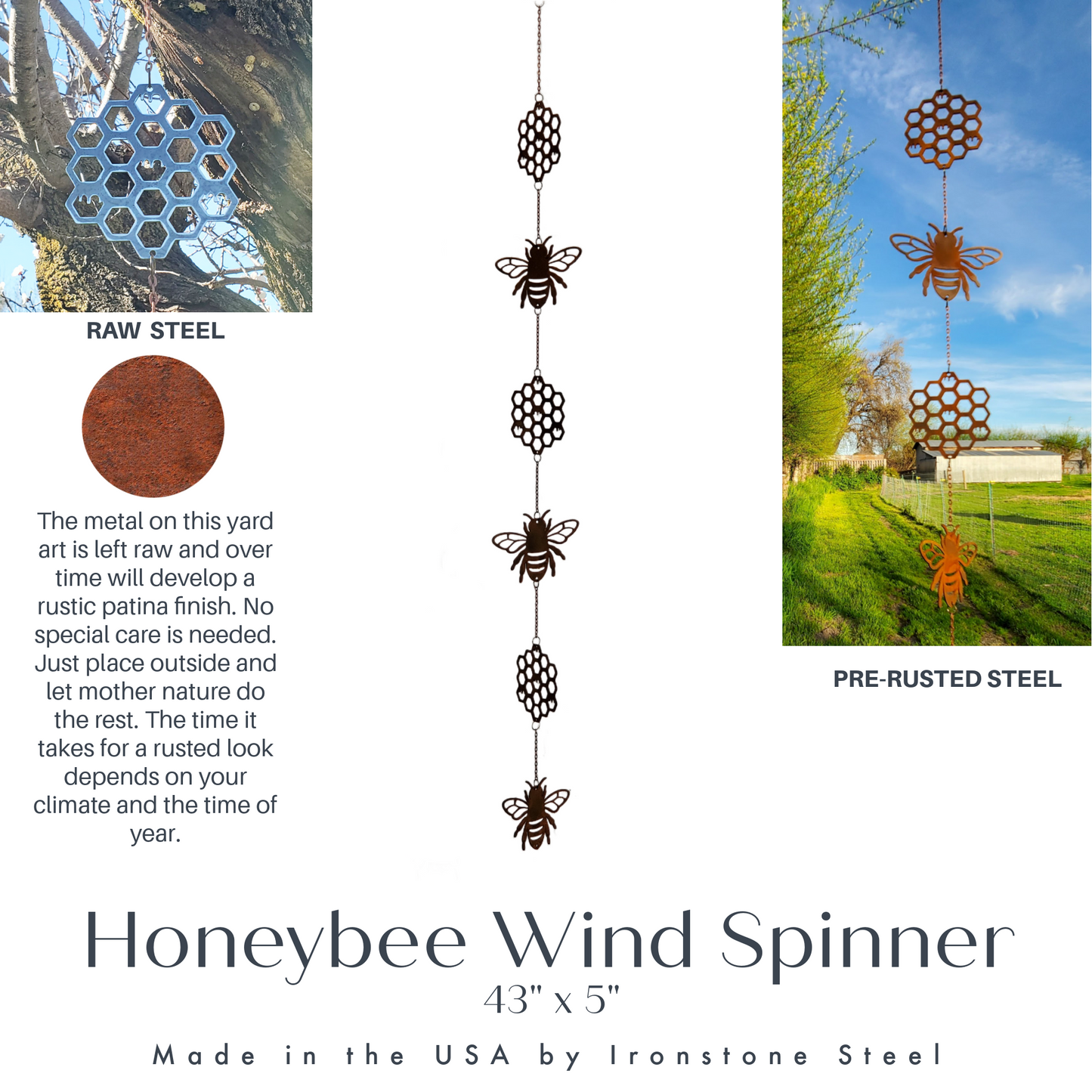 Bee and honeycomb wind spinner made of raw steel, close-up view showing intricate laser-cut bee with wings and hexagonal honeycomb patterns against white background