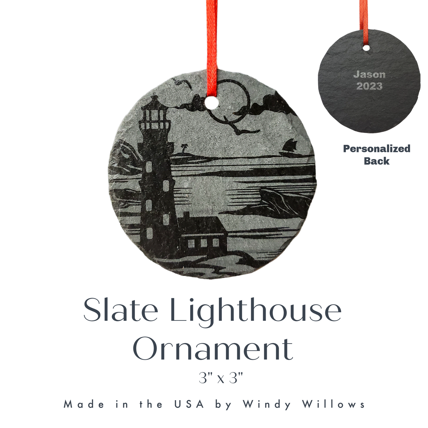 Lighthouse Ornament | 3" New England Ornament | Personalized Rustic Christmas Slate Decoration | Custom Maine Travel Ornaments