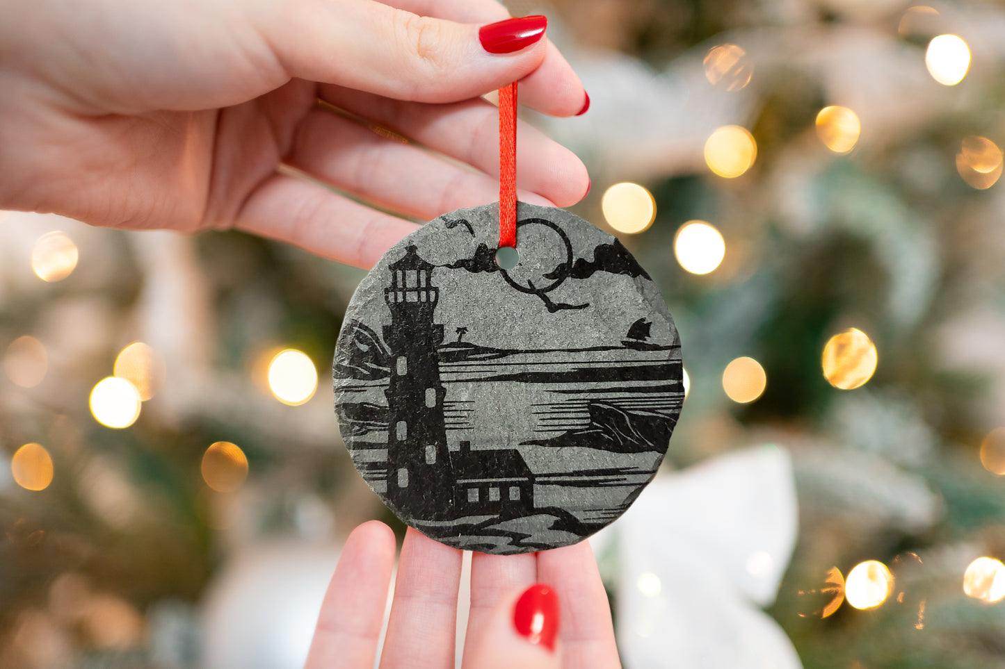 Lighthouse Ornament | 3" New England Ornament | Personalized Rustic Christmas Slate Decoration | Custom Maine Travel Ornaments