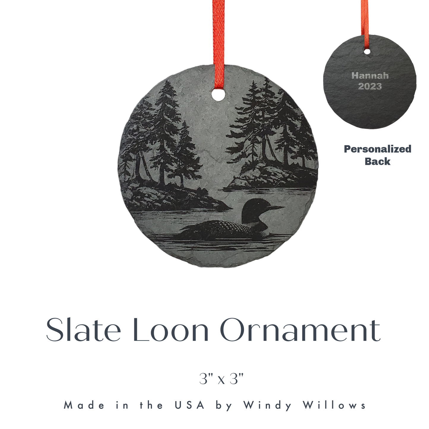 Loon Lake Ornament | 3" Maine Nature Ornament | Personalized  Rustic Christmas Slate Bird Ornament