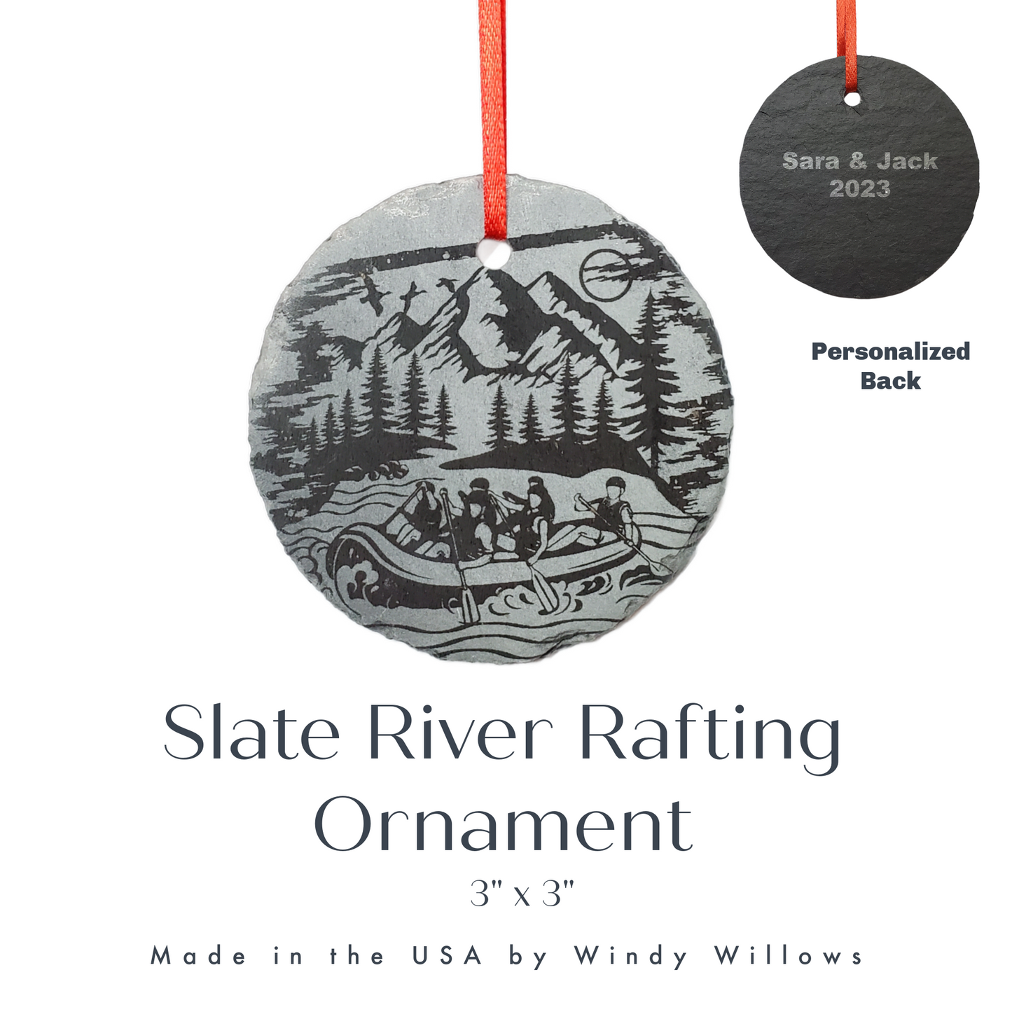 Whitewater River Rafting Ornament | 3" Raft Adventure Ornament | Personalized Rustic Christmas Slate Ornament
